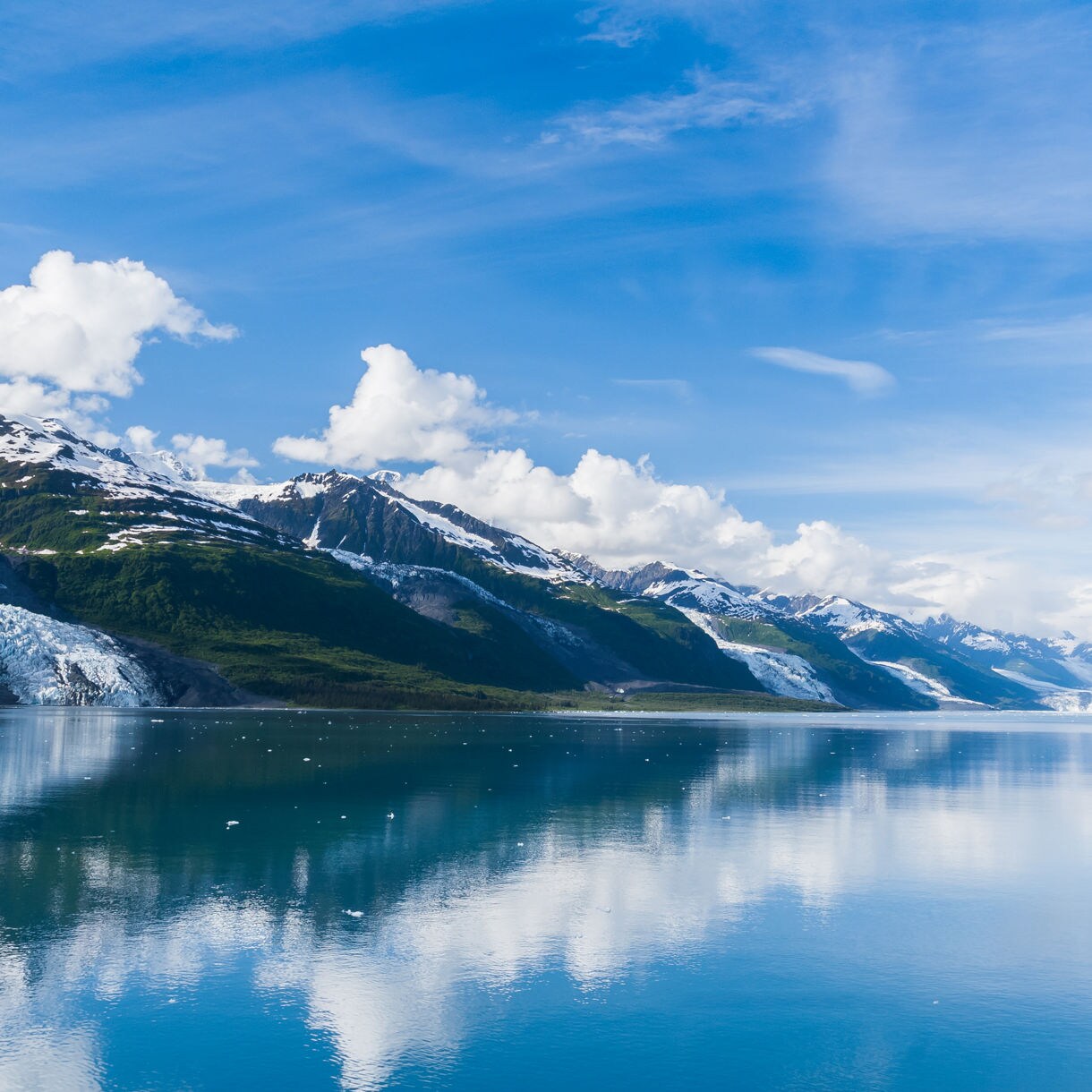 Calm blue waters of College Fjord reflecting snowcapped mountains and sprawling glaciers beneath a bright sky.