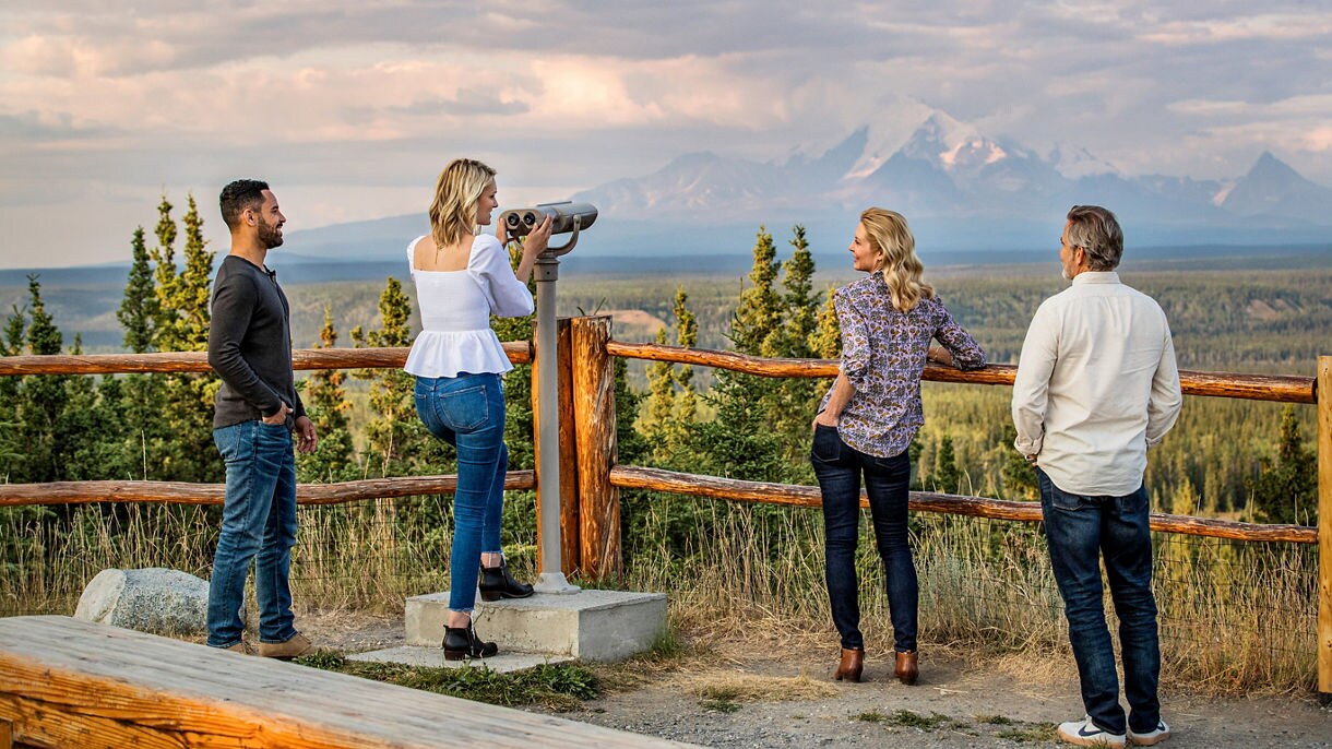 Guests enjoying scenic overlook at Copper River Princess Wilderness Lodge