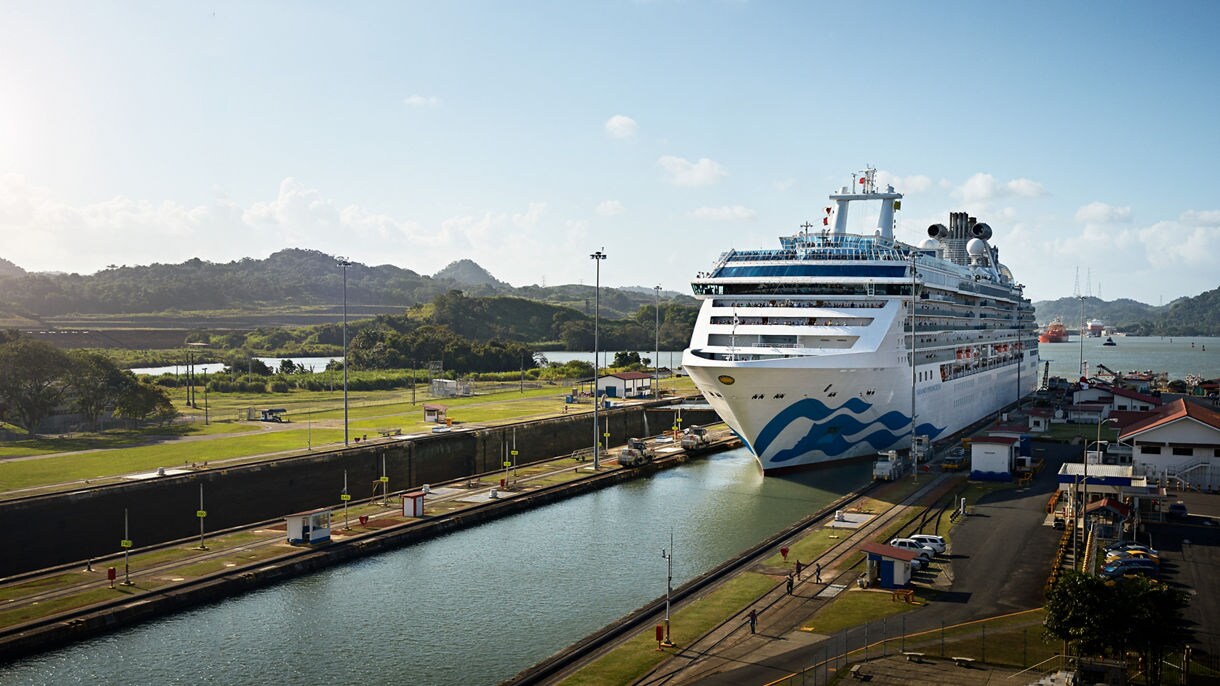 cruise ship transiting a lock in the panama canal