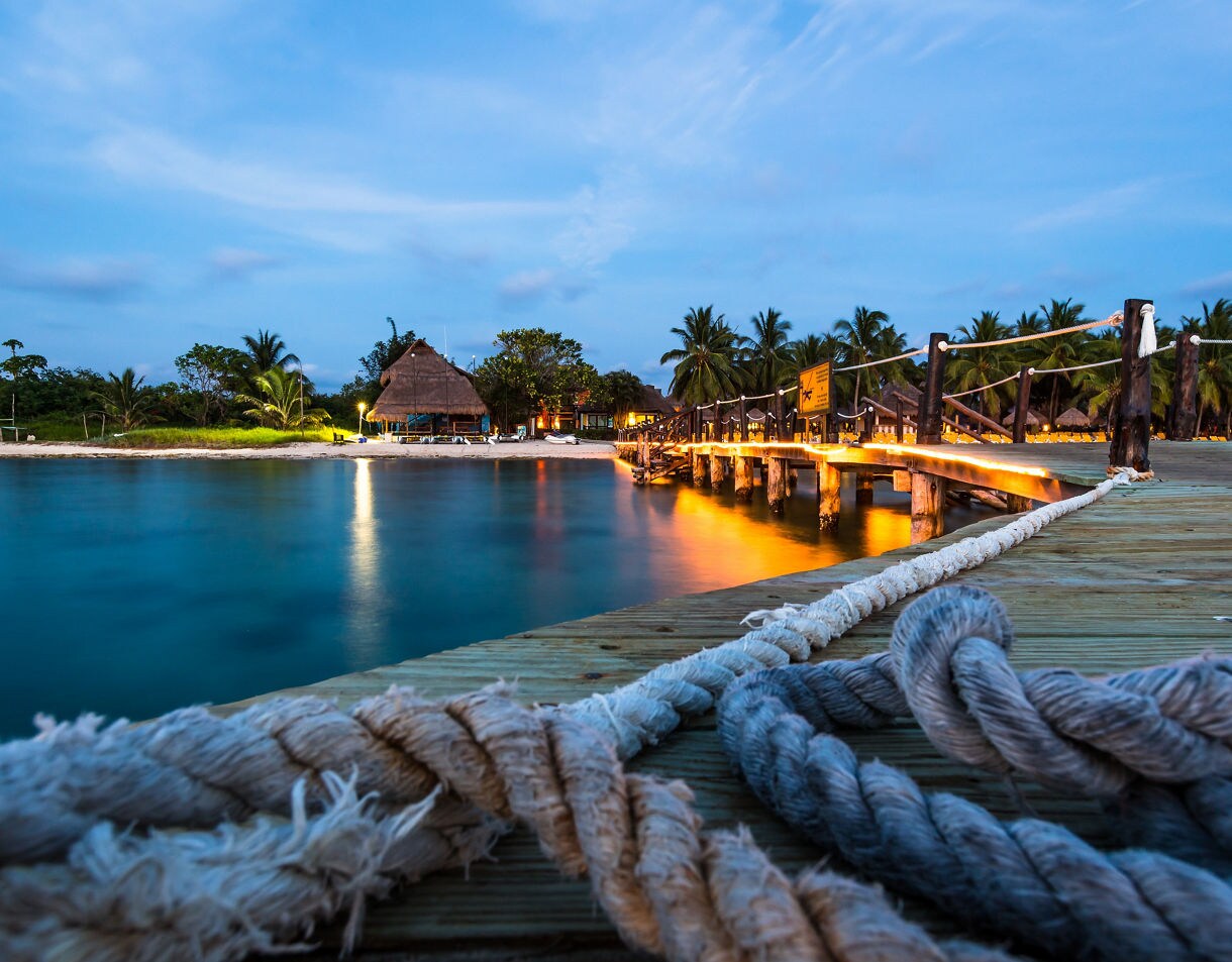 People walking along a sandy beach in Cozumel, with rows of lounge chairs shaded by palm trees. The vibrant turquoise waters stretch into the horizon under a bright blue sky