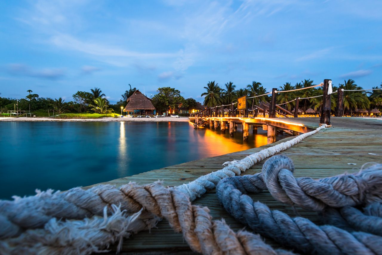 People walking along a sandy beach in Cozumel, with rows of lounge chairs shaded by palm trees. The vibrant turquoise waters stretch into the horizon under a bright blue sky