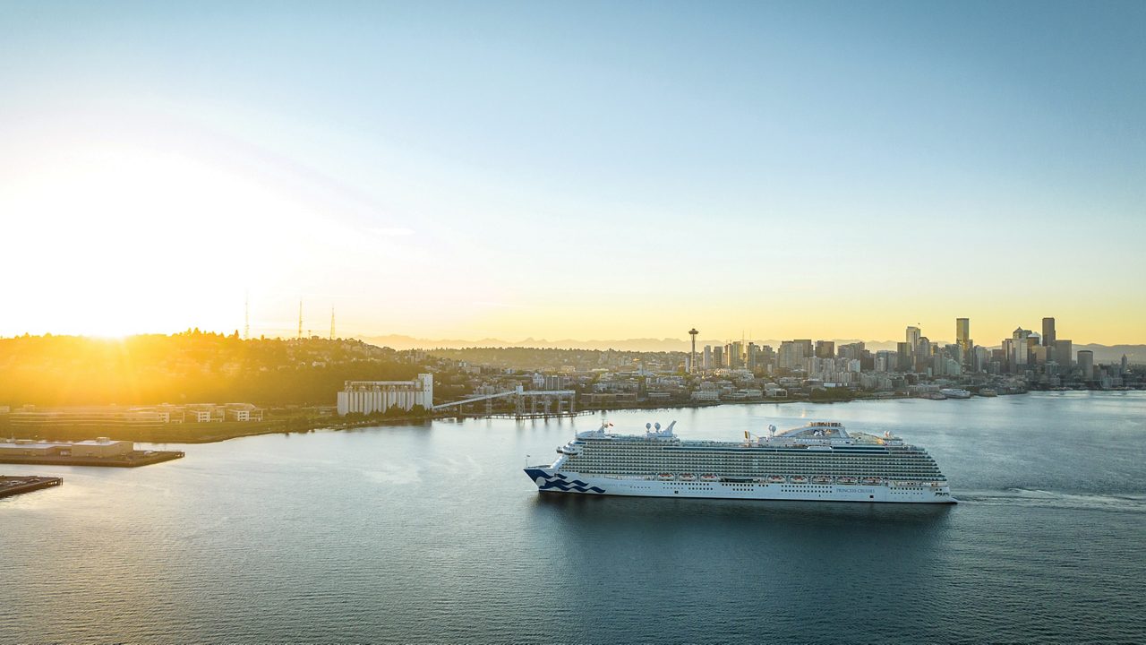 Princess cruise ship sailing into the city at sunset.