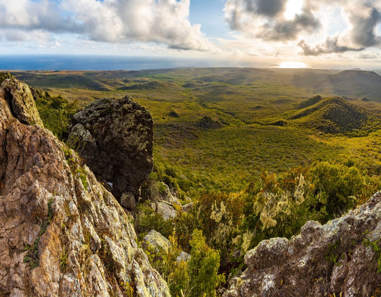 A stunning view from the rocky peak of Christoffel National Park in Curaçao, overlooking rolling green hills, dense vegetation and the distant coastline under a golden sunset.