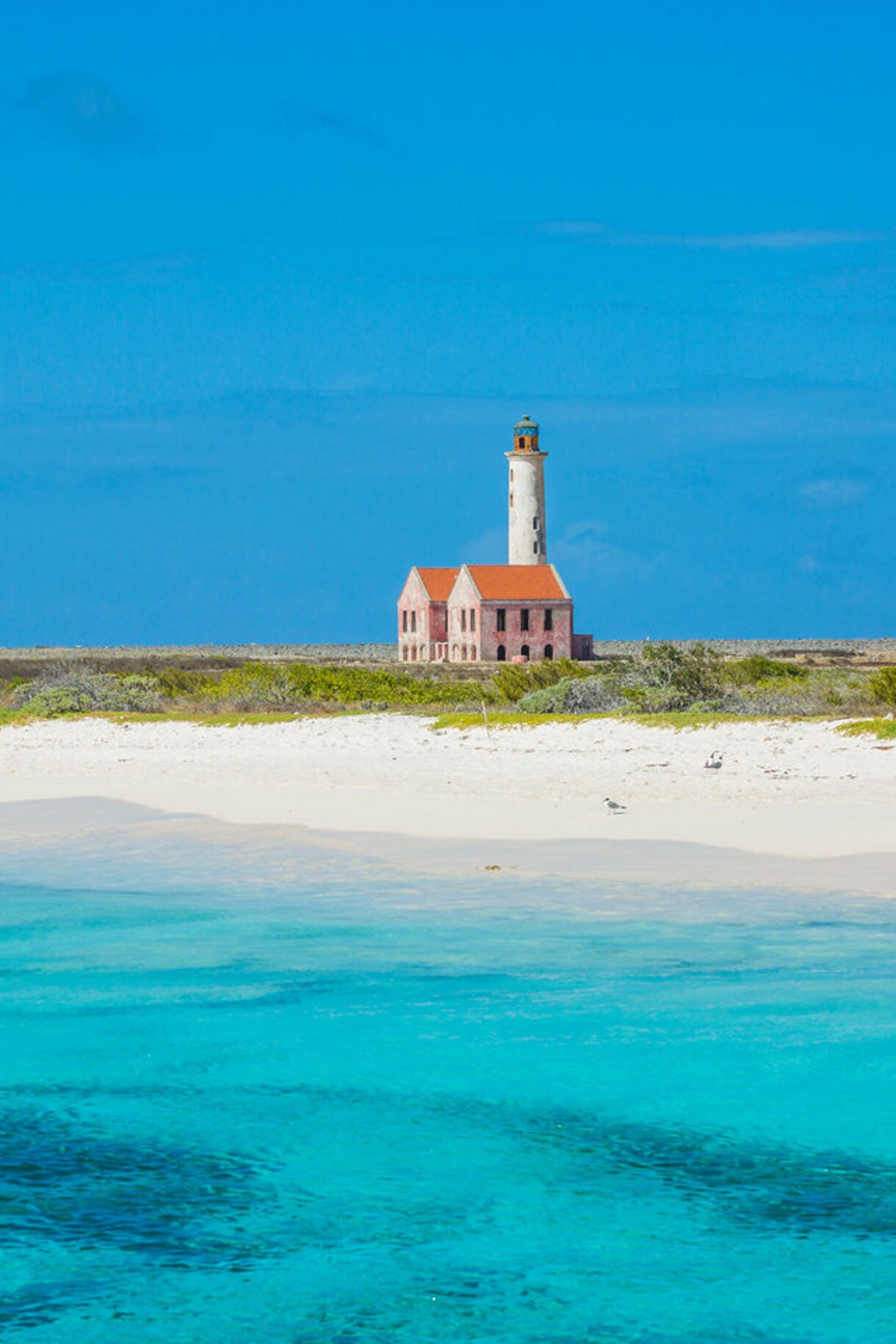The isolated pink lighthouse of Klein Curaçao stands on a flat, sandy landscape with sparse vegetation, overlooking crystal-clear turquoise waters and a pristine white-sand beach under a bright blue sky.