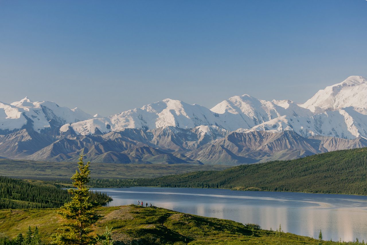  A serene landscape of snow-capped mountains rising above Wonder Lake in Denali National Park, with a lone spruce tree and tiny hikers visible in the foreground.
