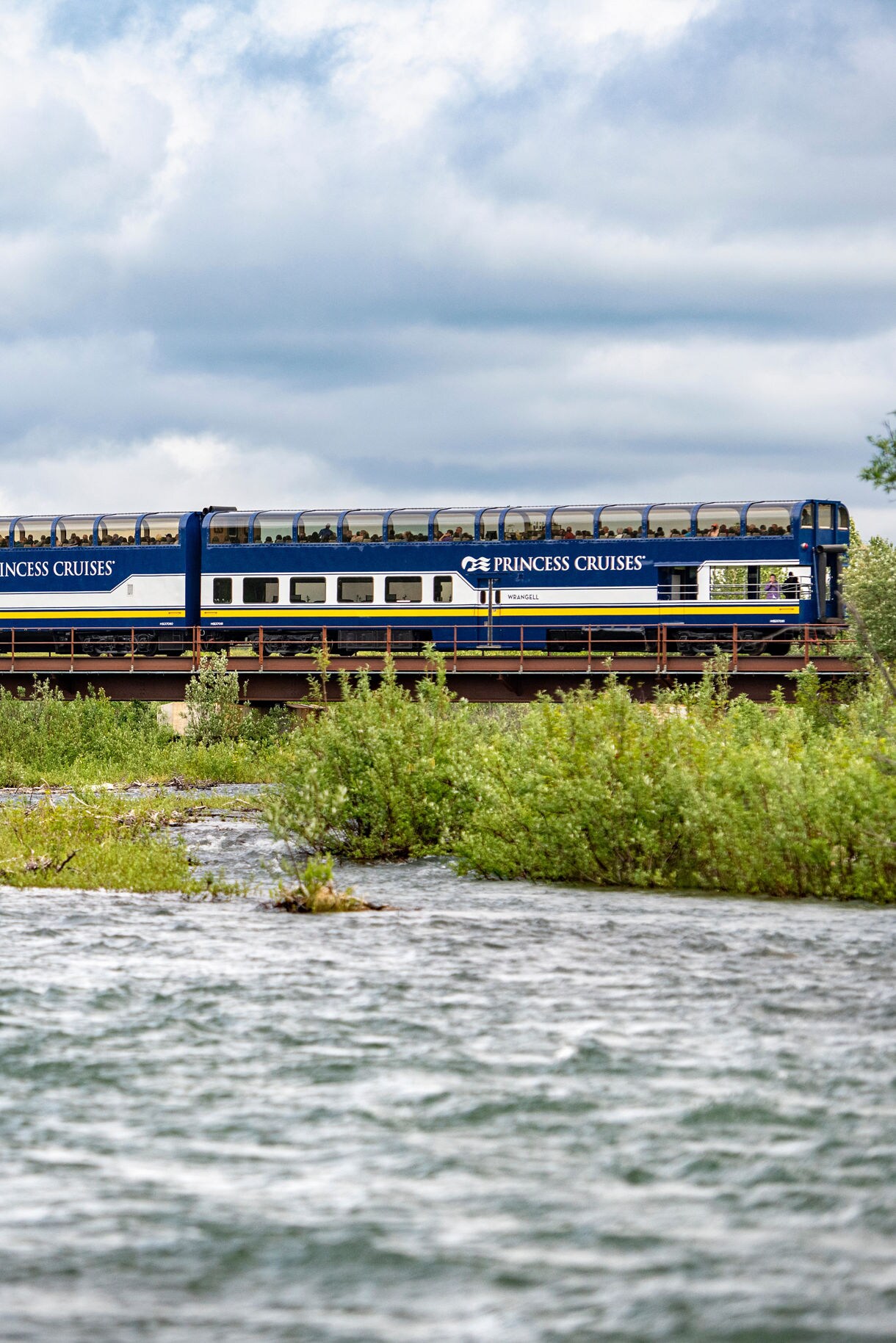 A Princess Cruises train with blue and white cars crosses a bridge over rushing water with lush green vegetation on the banks