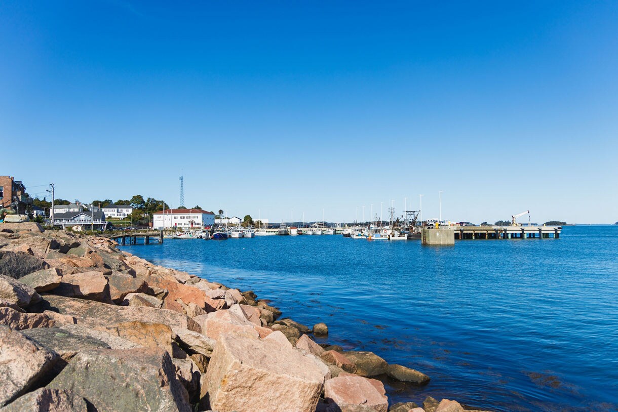 Rocky shoreline in Eastport, Maine with calm blue water, fishing boats at the harbor and small coastal buildings in the background under a clear sky.