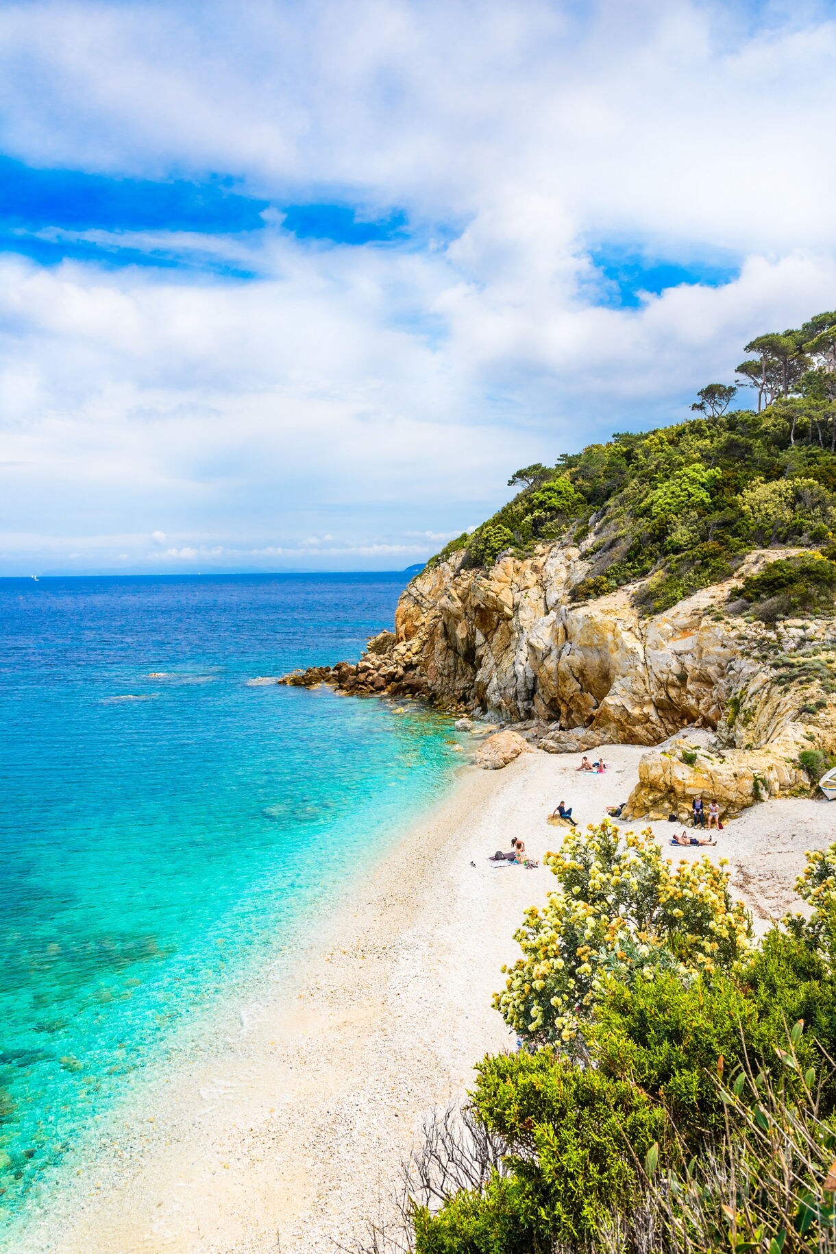 Secluded pebble beach on Elba Island with bright turquoise water, rocky golden cliffs and scattered sunbathers relaxing near the shoreline.