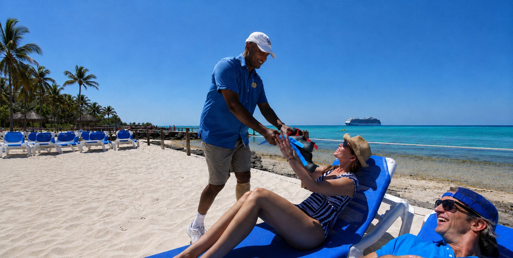 A resort staff member in a blue uniform serves a drink to a woman relaxing on a blue beach lounger. Another guest reclines nearby, smiling and wearing sunglasses and a cap. The scene is set on a sunny sandy beach with clear turquoise water and palm trees in the background. A large cruise ship is visible on the horizon, emphasizing a tropical vacation atmosphere.