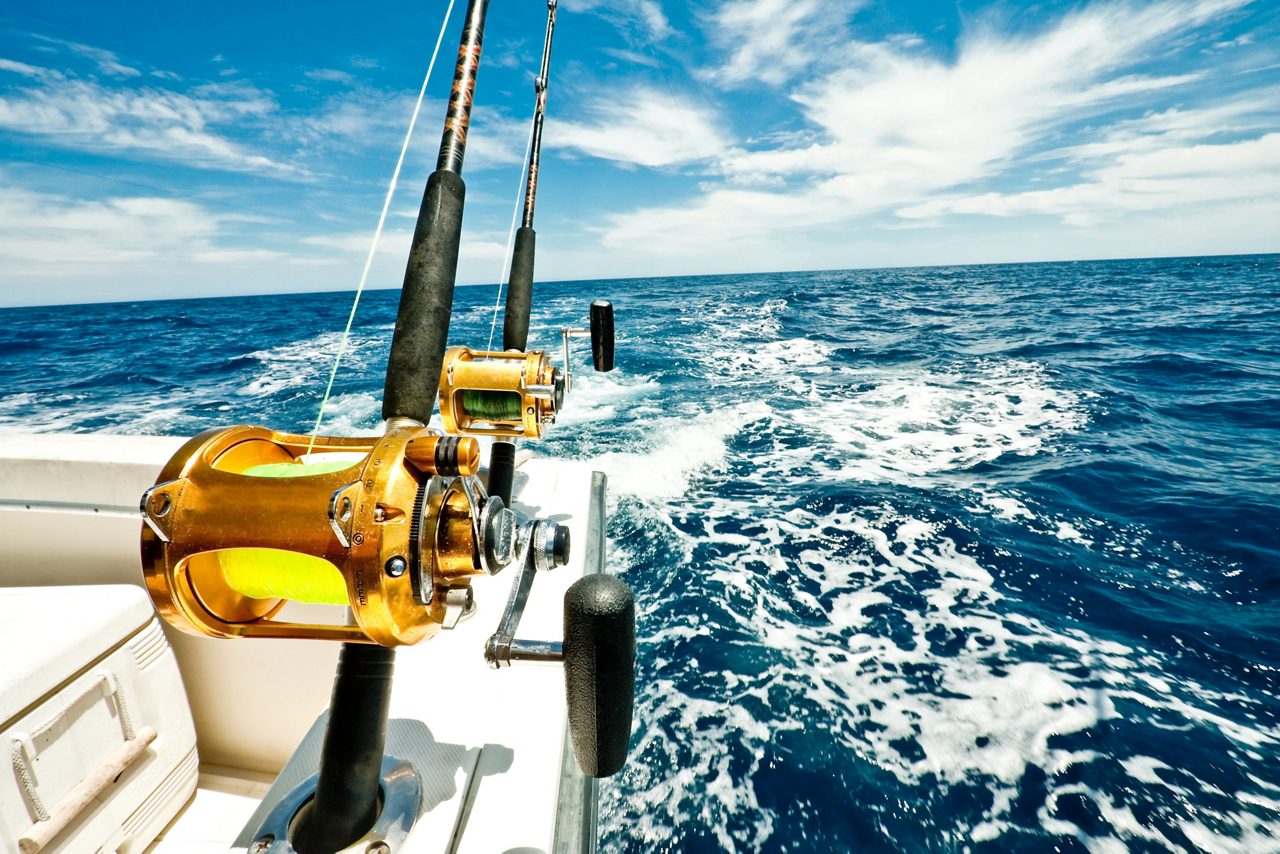 Fishing rods reels on a boat.