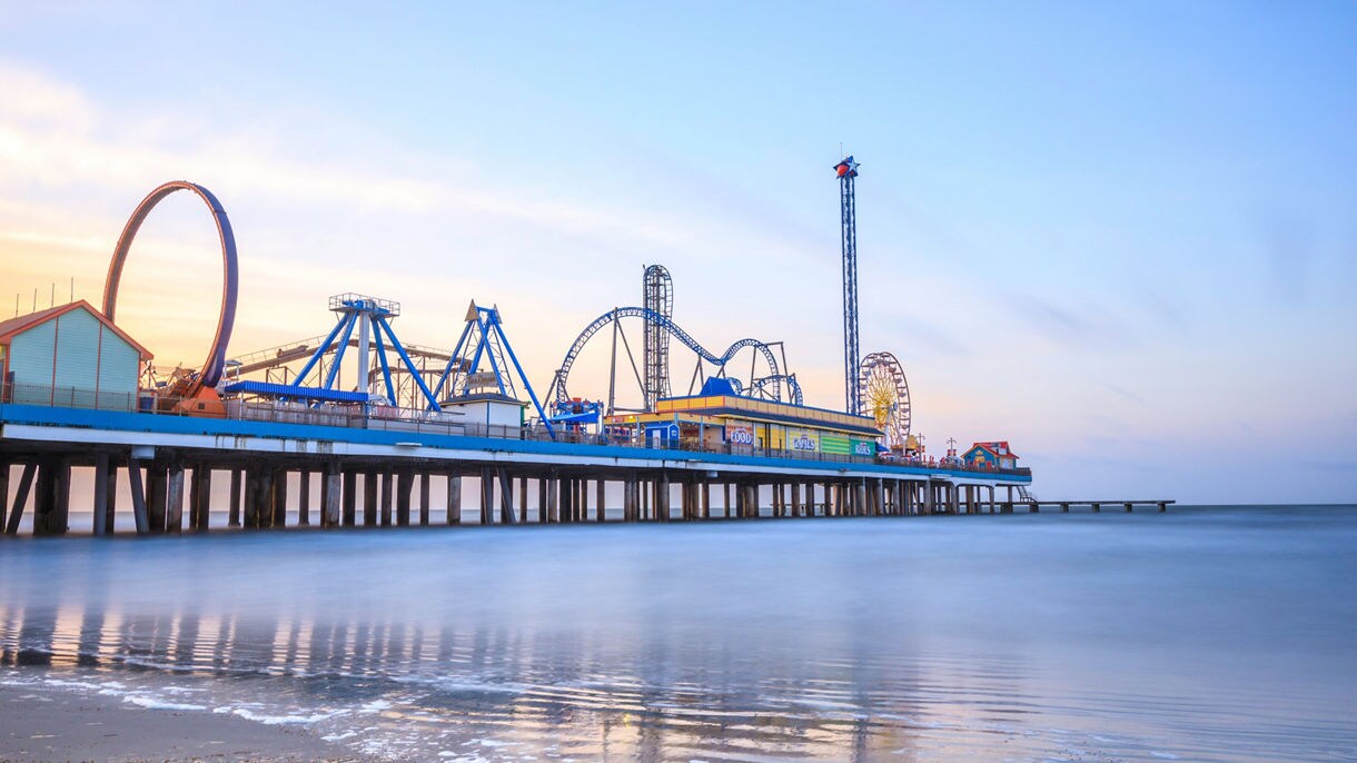 Sunrise at Galveston Pleasure pier, Texas, USA.