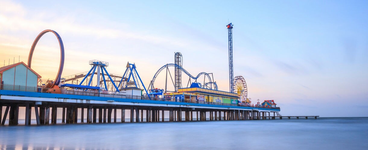 Sunrise at Galveston Pleasure pier, Texas, USA.