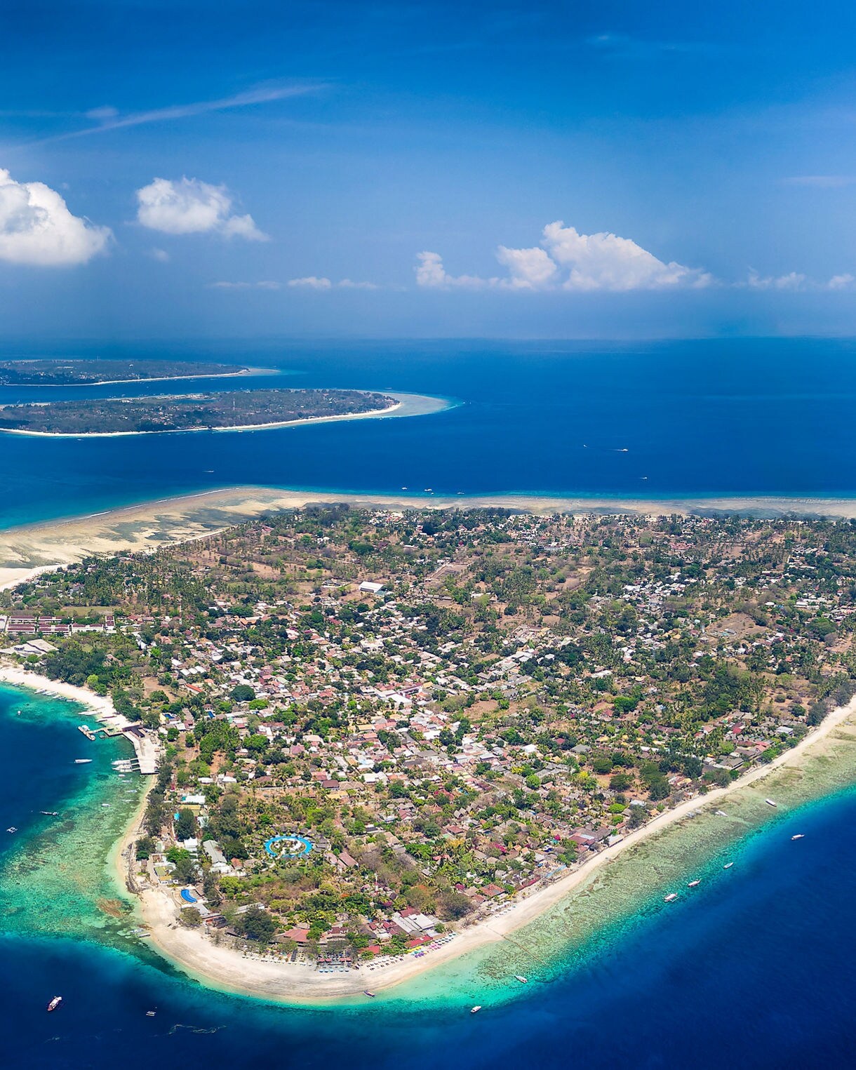 Aerial view of the beautiful tropical Gili Islands off the coast of Lombok in Indonesia.
