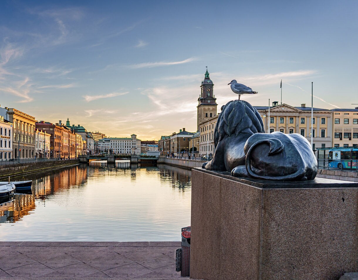 A bronze lion statue with a seagull perched on its head stands in the foreground overlooking Gothenburg's central canal lined with historic buildings under a soft sunset sky.