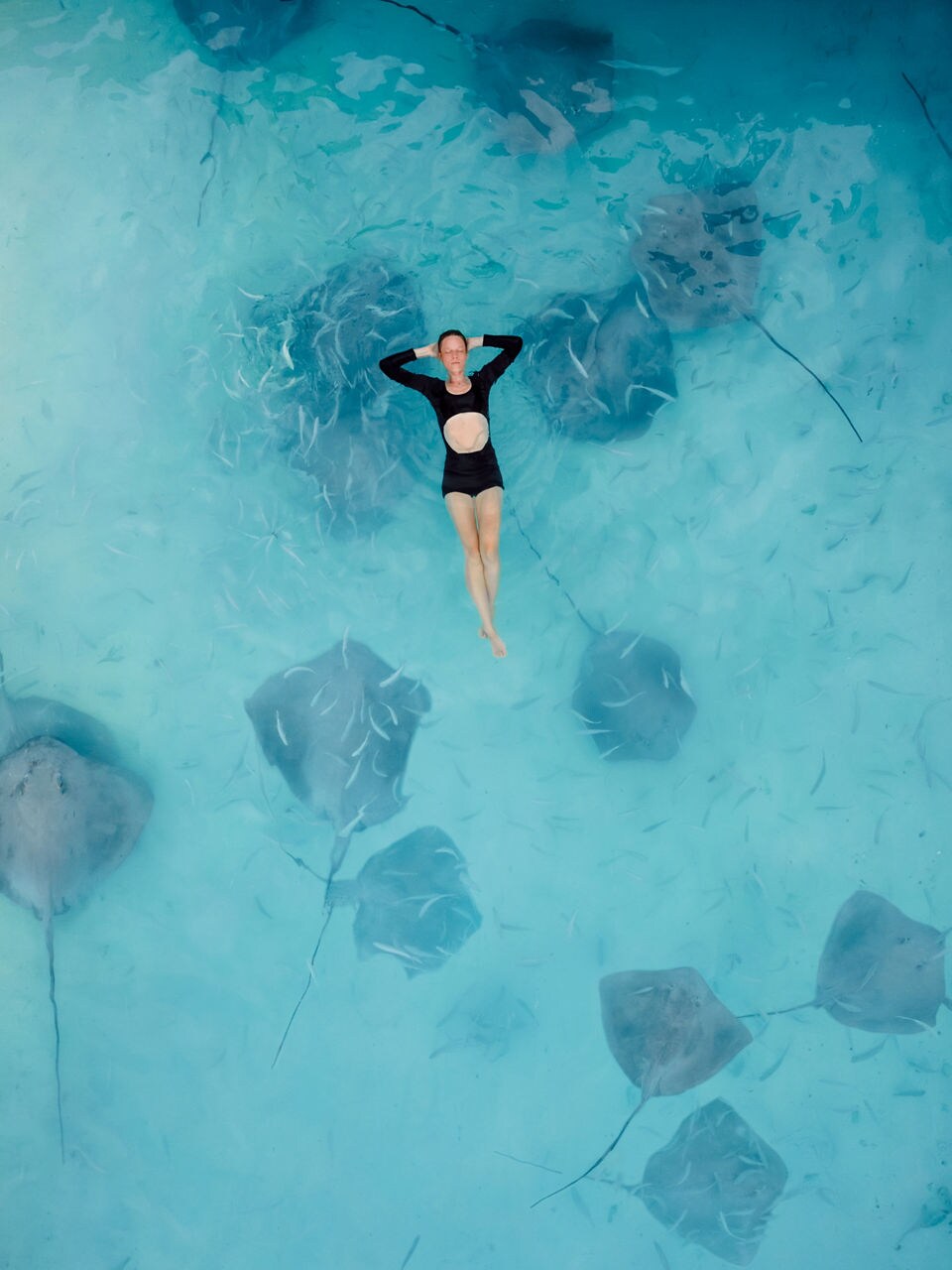 A woman floats in the shallow, turquoise waters of Grand Cayman's Stingray City, surrounded by gentle stingrays gliding beneath her.