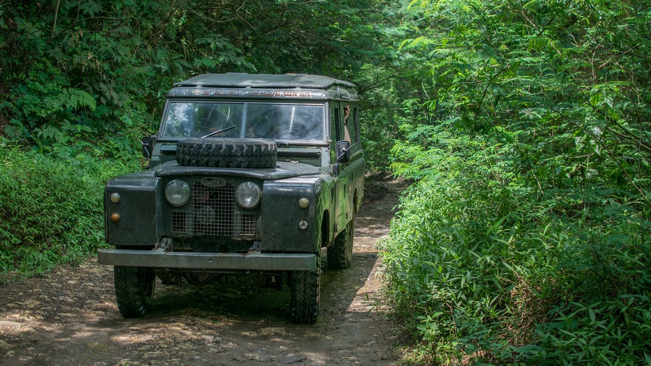 A 4x4 vehicle driving  on a narrow dirt path, surrounded by dense tropical greenery in Guadeloupe’s rainforest.