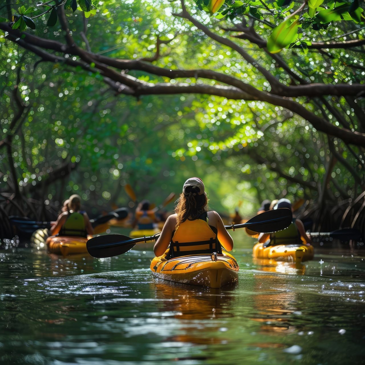 A group of kayakers navigating through a lush mangrove forest in Guadeloupe, with sunlight filtering through the overhead branches.