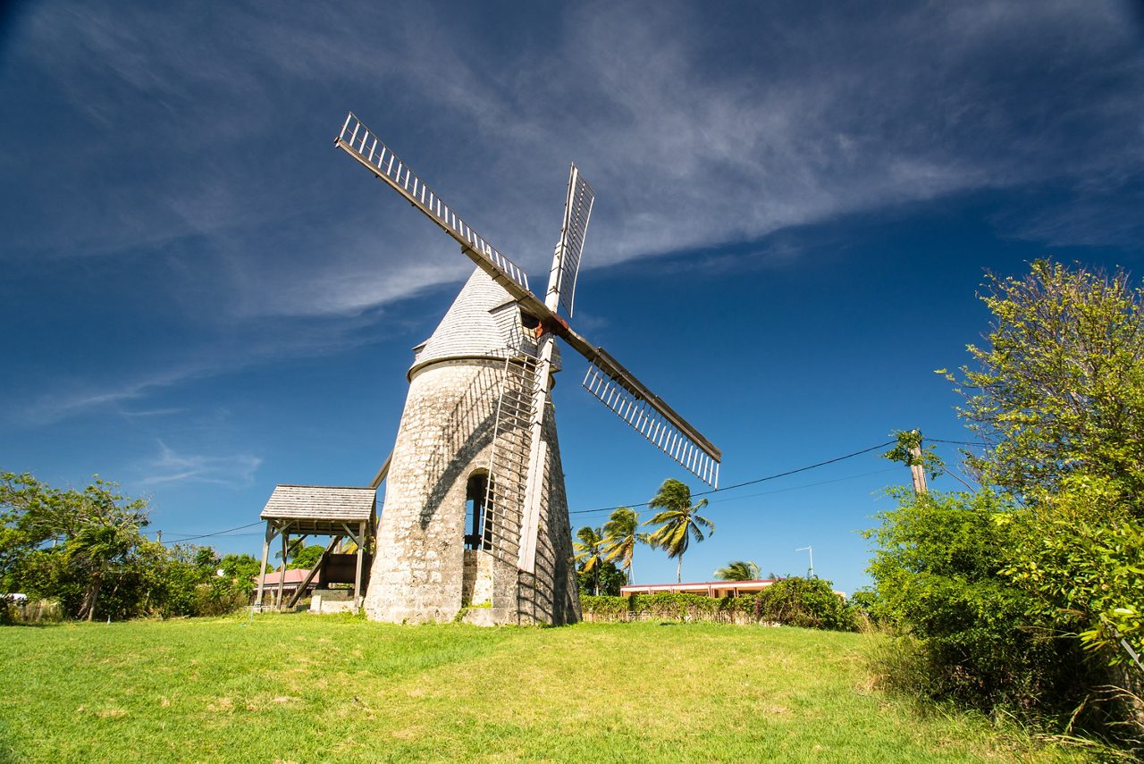 A traditional stone windmill in Guadeloupe stands against a bright blue sky, surrounded by lush greenery and swaying palm trees.