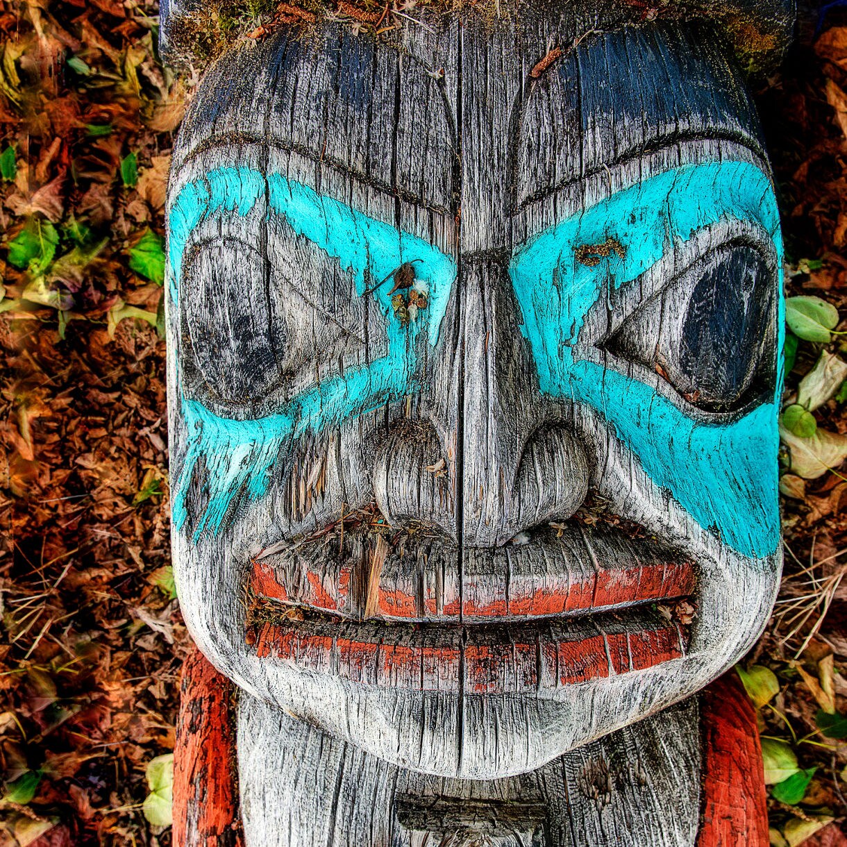 Close-up view of a traditional Native Alaskan totem pole lying on the ground, featuring bold turquoise and red paint with intricate facial carvings surrounded by fallen leaves.
