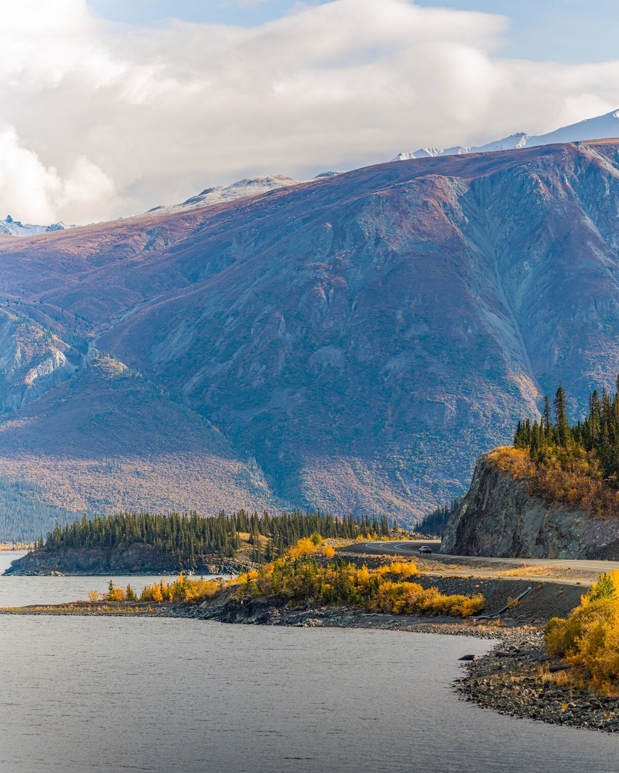 Winding coastal highway in Haines, Alaska bordered by autumn trees with golden leaves, leading toward massive purple-hued mountains under a partly cloudy sky.