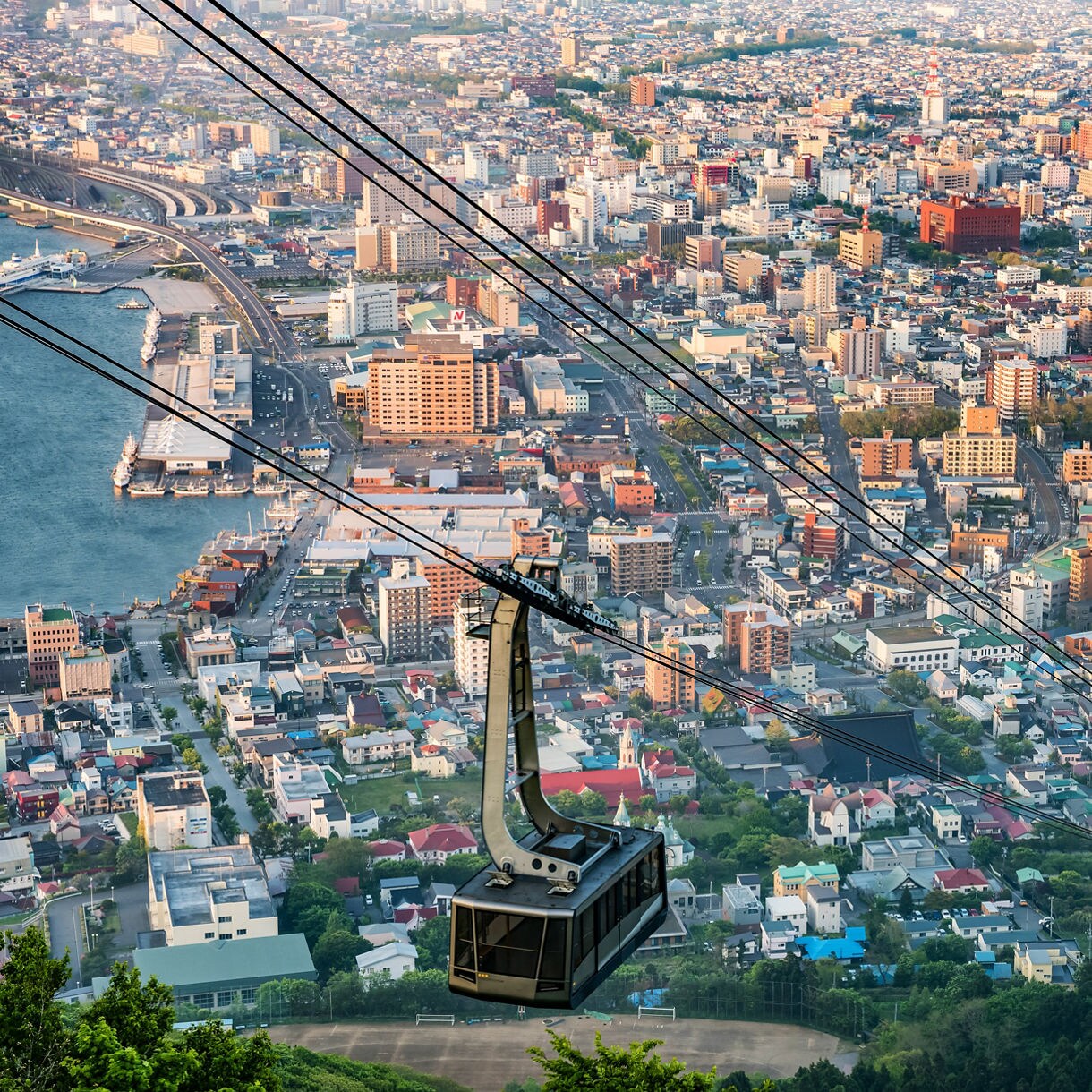 A cable car of the Hakodate Ropeway ascends above the cityscape of Hakodate, Japan, offering a sweeping view of densely packed buildings, a curving coastline and the harbor below, with greenery in the foreground and soft afternoon light casting long shadows.