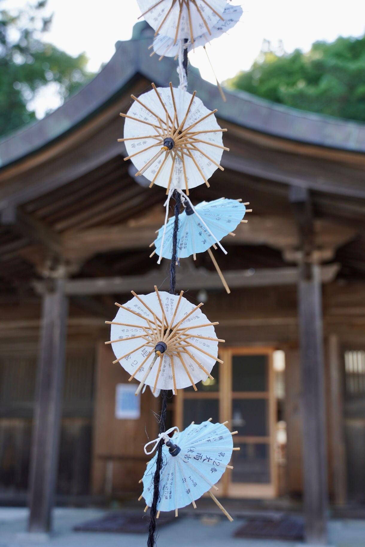 Small paper parasols with Japanese writing hang in front of a wooden temple building.