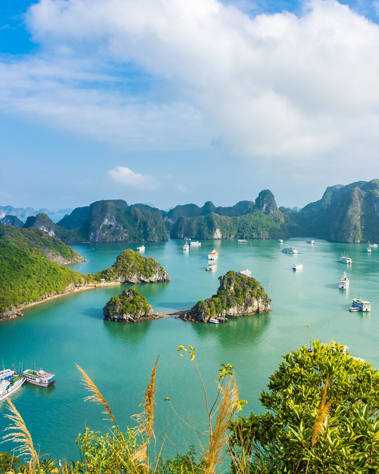 Elevated view of Hạ Long Bay in Vietnam, with scattered limestone islands, lush greenery and white cruise boats floating on turquoise waters.