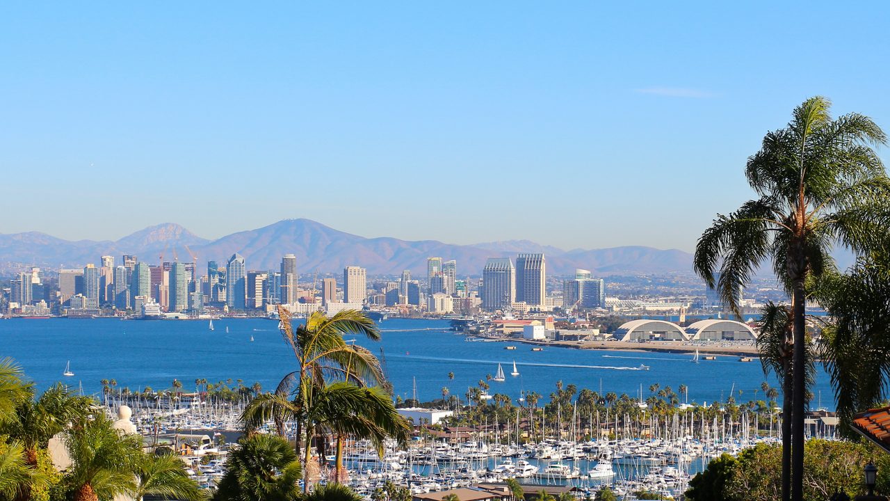 A panoramic view of San Diego's vibrant harbor skyline.