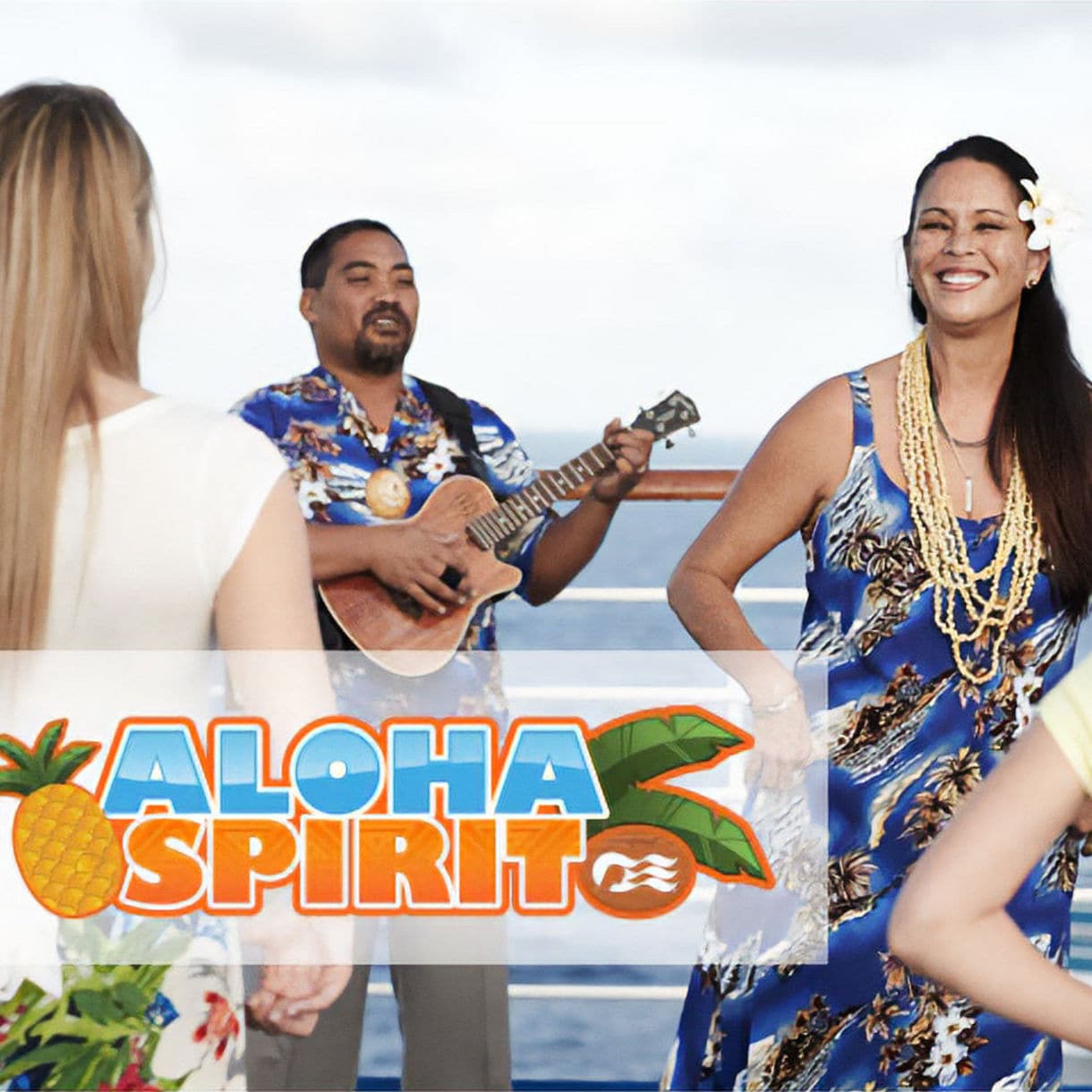 hawaii cruise onboard hula lesson ukulele player guests dancing aloha spirit logo overlay