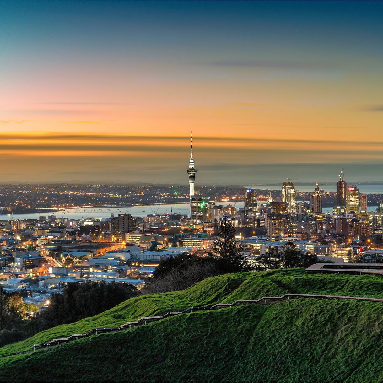 A vibrant city skyline is viewed from a lush green hill at sunset