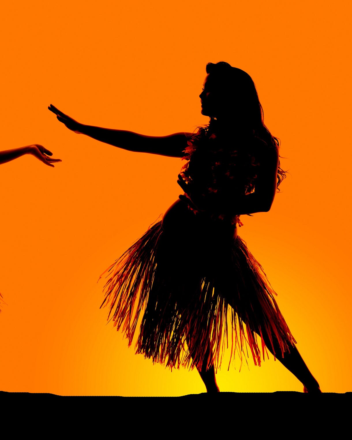 Silhouettes of two hula dancers in grass skirts and leis performing against a bright orange backdrop.