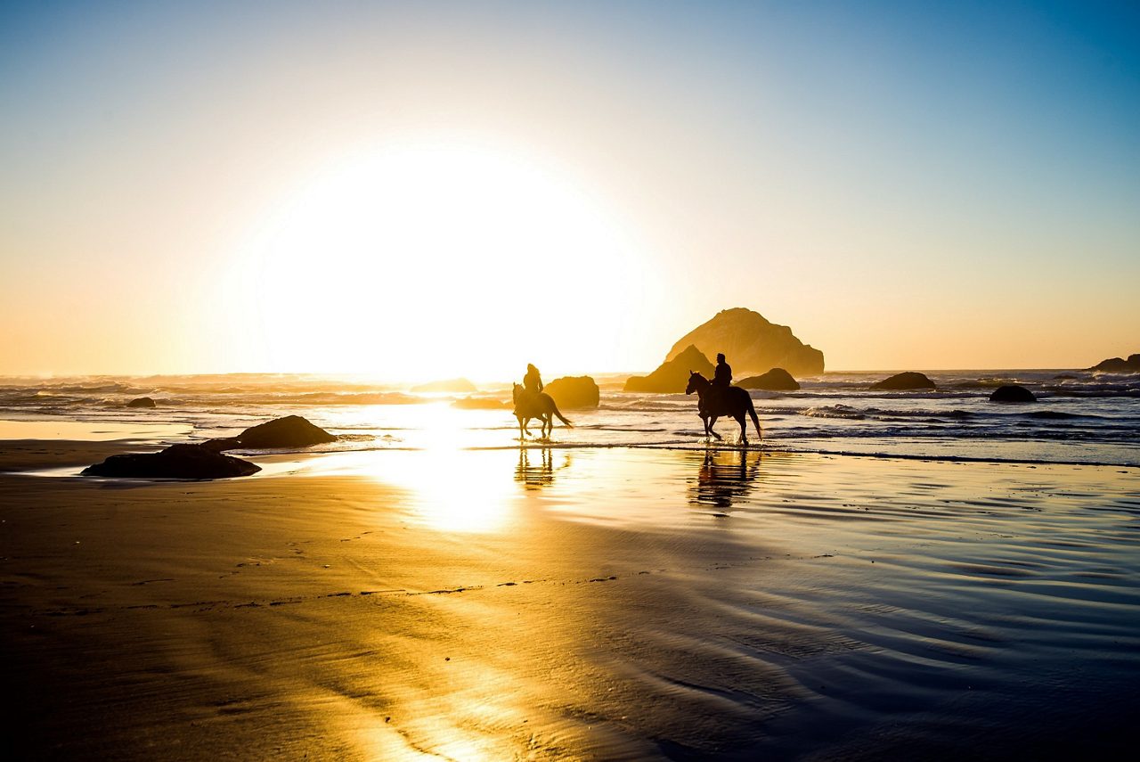 A group of people riding horses on the sandy beach of St. Maarten at sunset.
