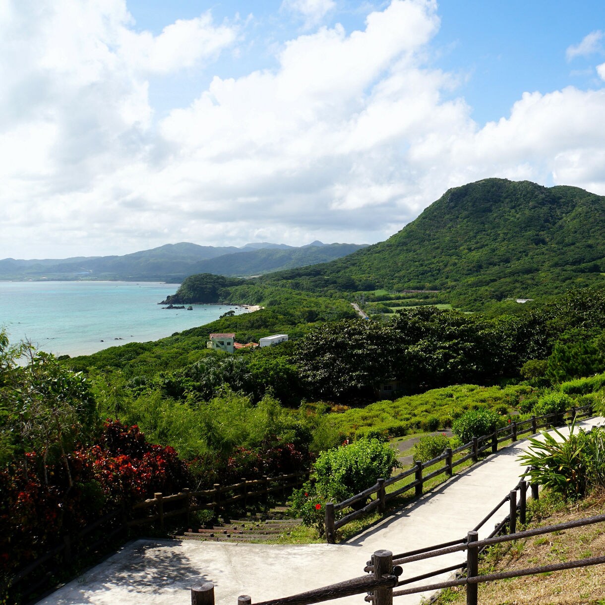 Pathway winds through green hills overlooking blue ocean at Tamatorizaki Observatory.