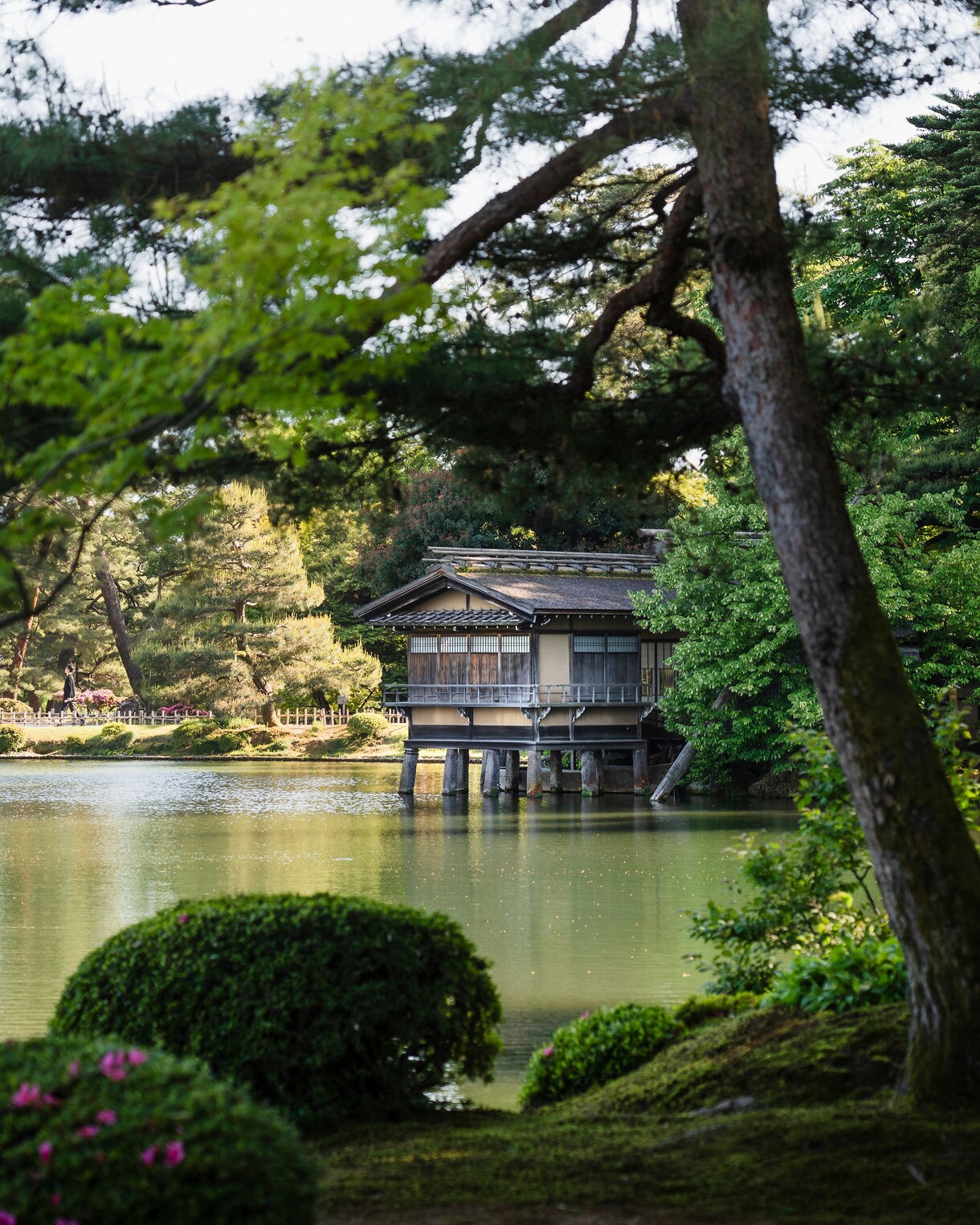 Traditional wooden teahouse on stilts over a quiet pond, surrounded by pine trees and manicured greenery.