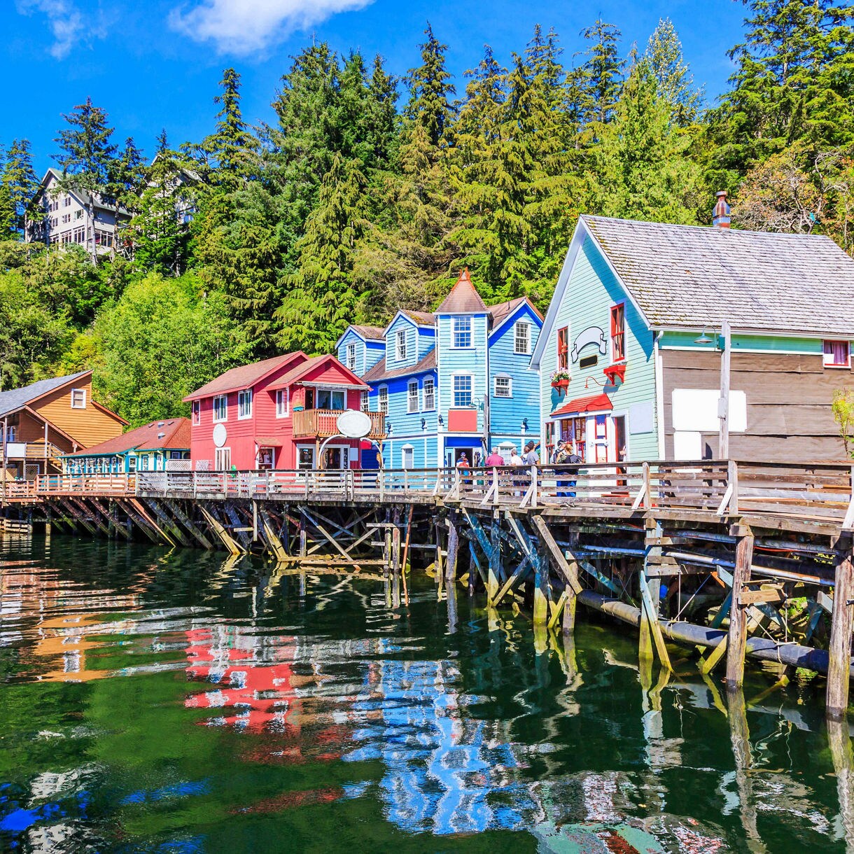 Colorful waterfront houses in scenic forest setting