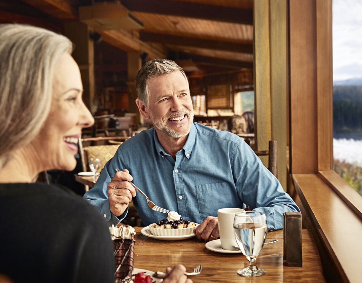 Dessert with riverside views at the King Salmon Restaurant at the Denali Princess Wilderness Lodge.
