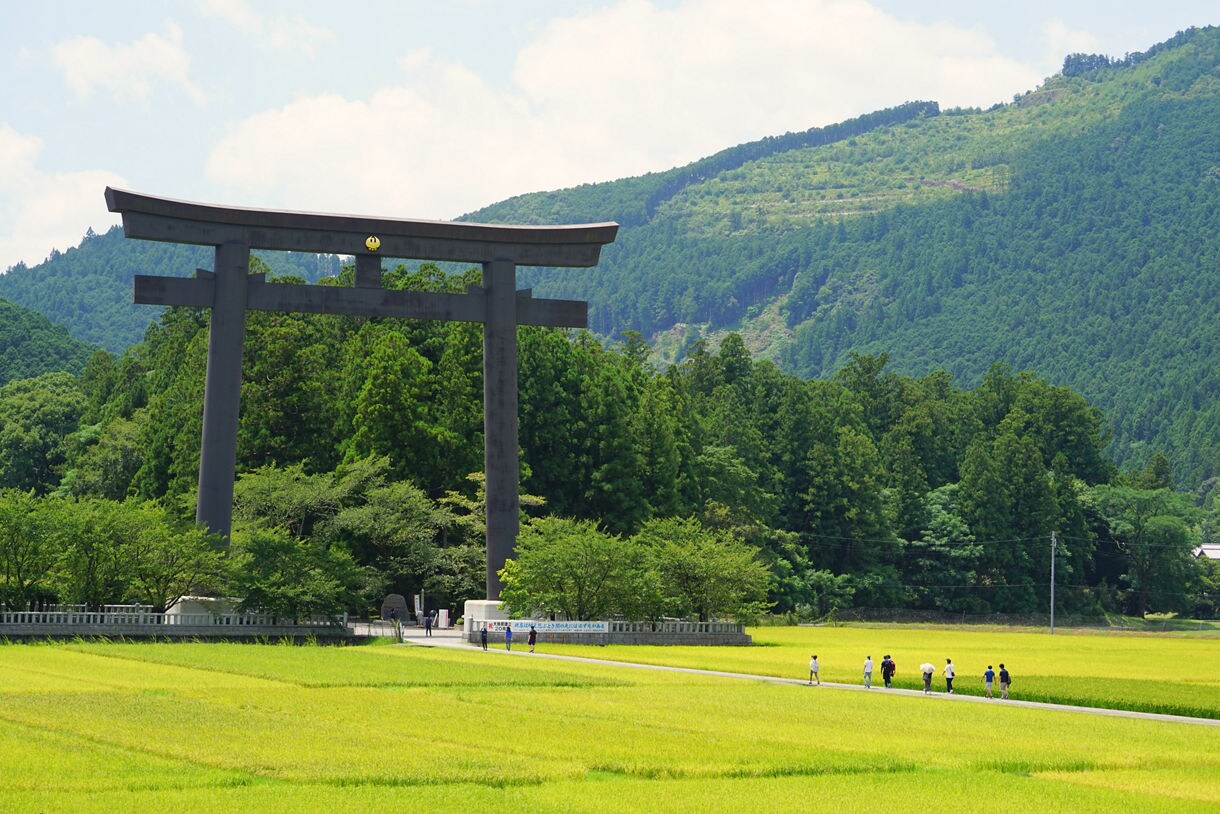 Visitors walk through rice fields toward the massive Otorii gate of Kumano Hongu Taisha, surrounded by forested mountains.