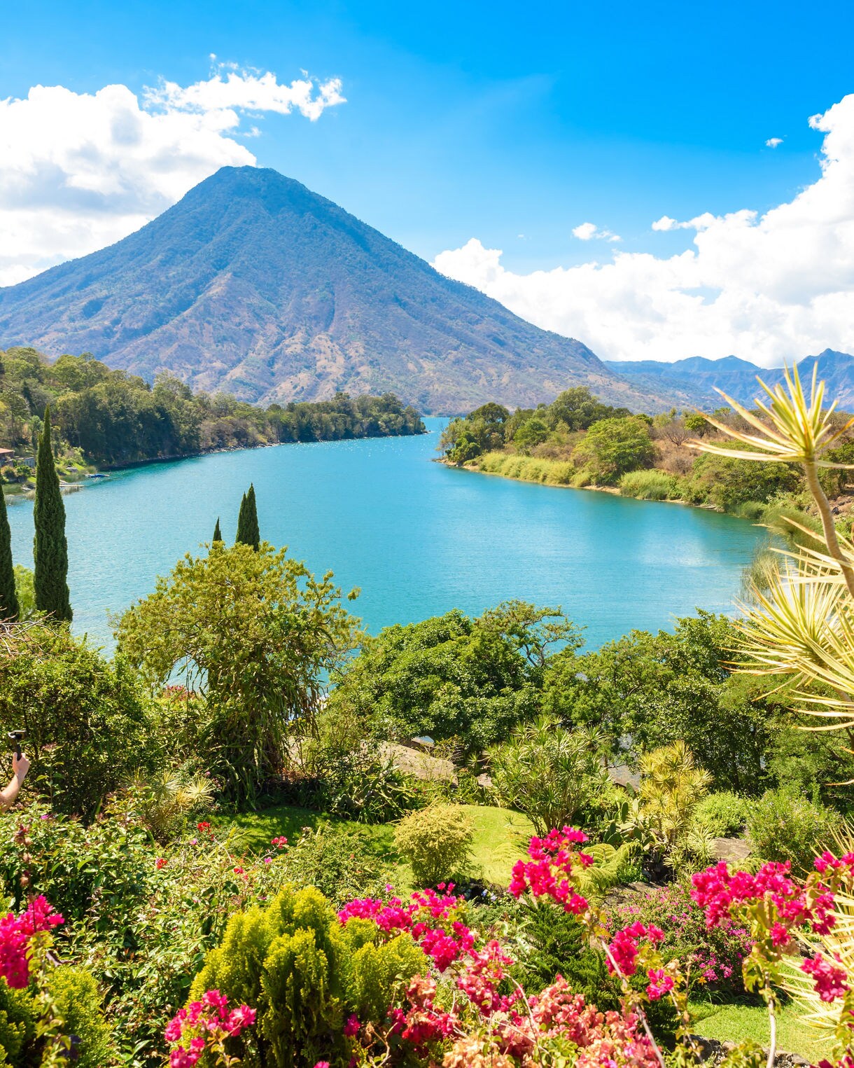 View of Lake Atitlán in Guatemala framed by vibrant pink flowers and lush greenery, with a volcanic mountain rising in the distance under a bright blue sky.