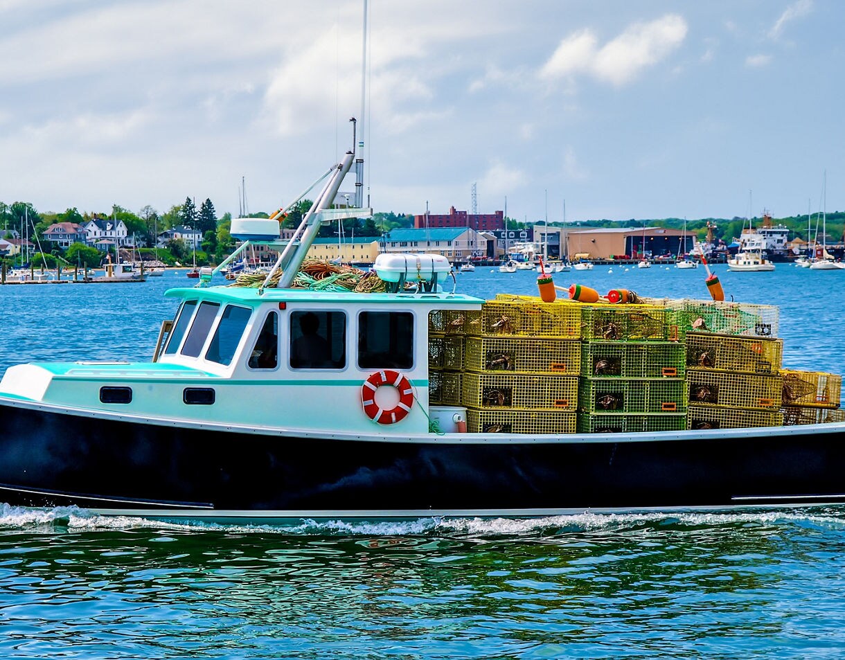 A black and turquoise lobster boat loaded with yellow traps cruises through a bright blue harbor with coastal buildings in the background.