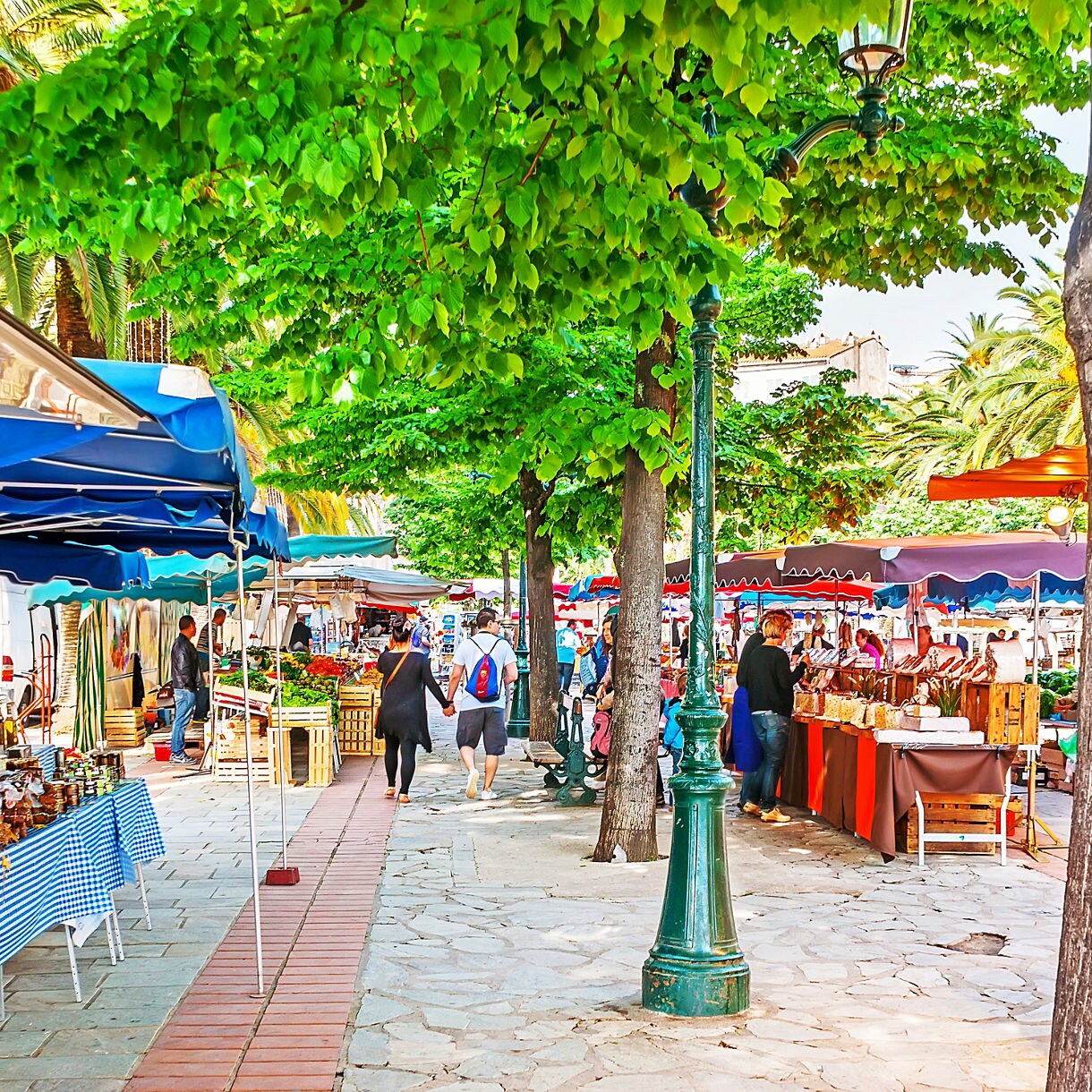 Outdoor market in Ajaccio, France, with colorful awnings, food stalls selling local products and people walking under leafy green trees.