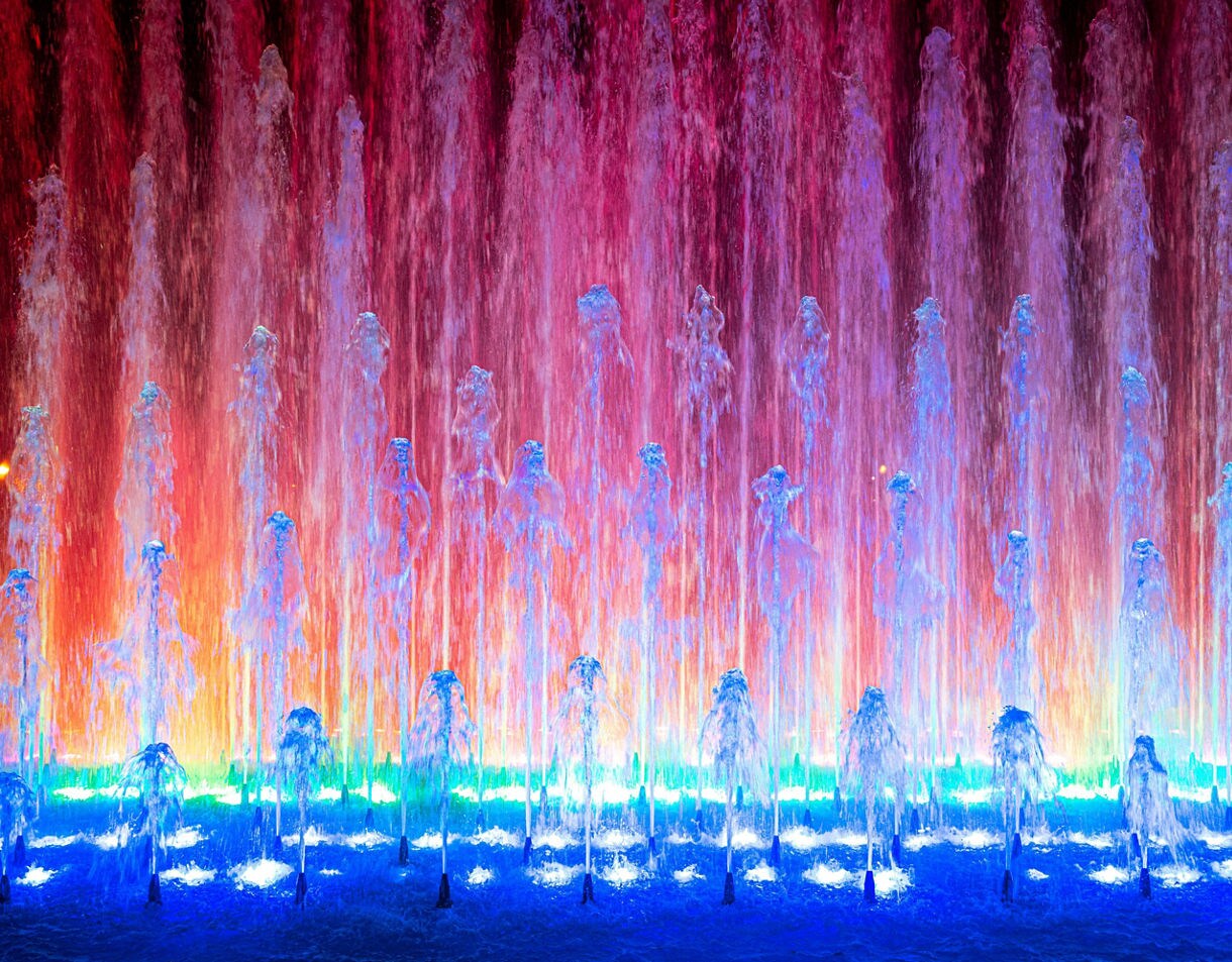 Multicolored illuminated fountains shooting vertical streams of water in shifting blue, green and red light against the dark.