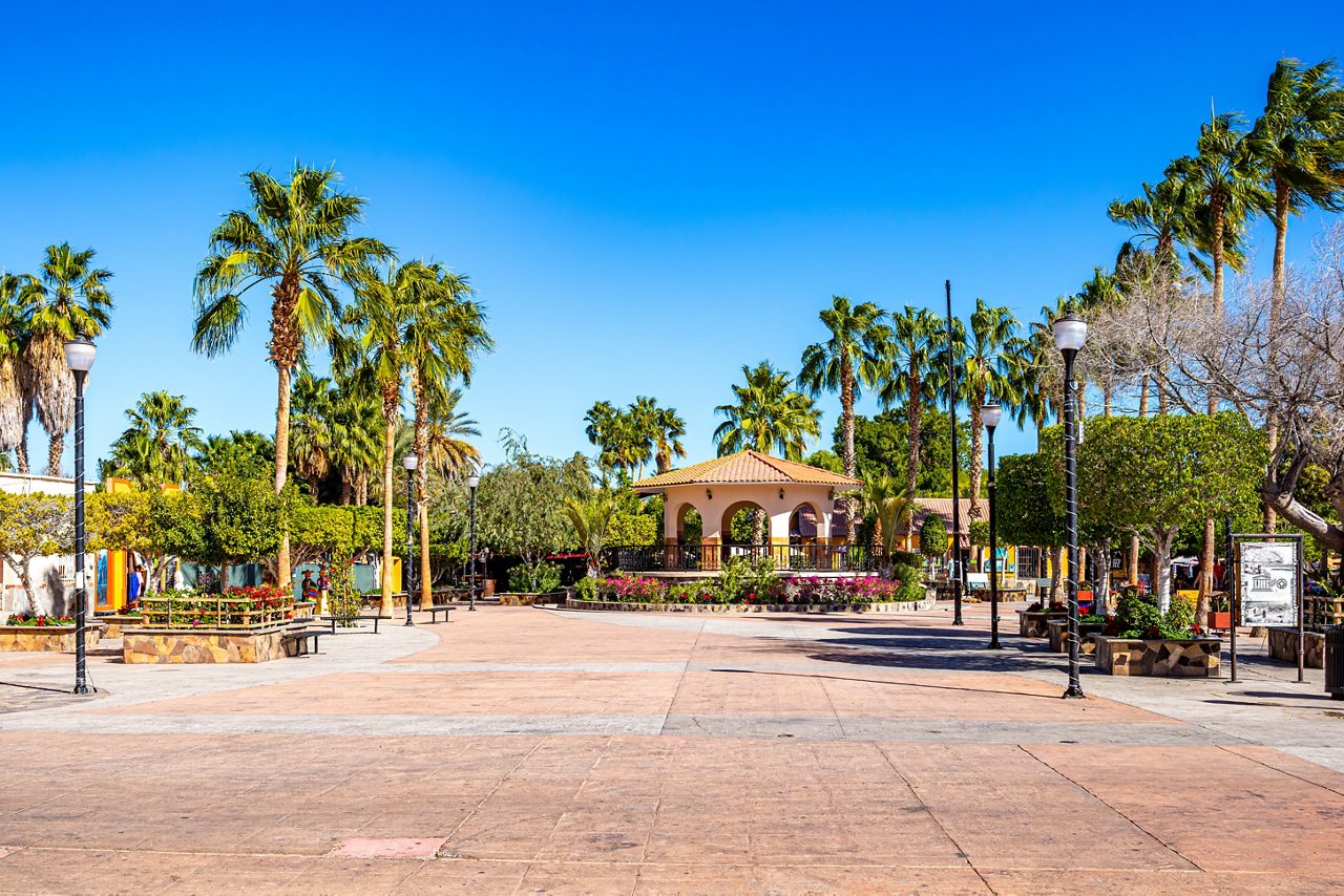 Central plaza in Loreto with palm trees, a gazebo, and colorful flowers under a bright blue sky.