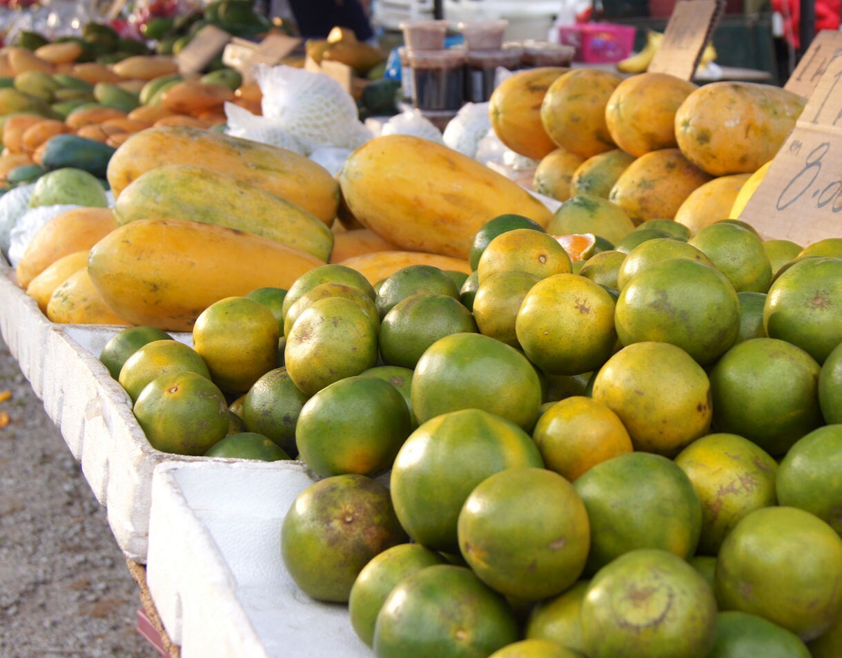 Close-up of green oranges, papayas and melons neatly arranged at a tropical fruit market stall with price signs.