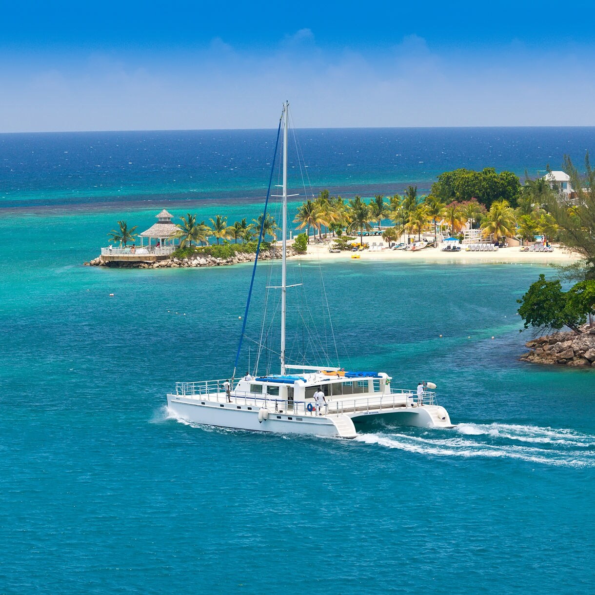 White catamaran cruising through vibrant blue waters near a tropical beach lined with palm trees in Martinique.