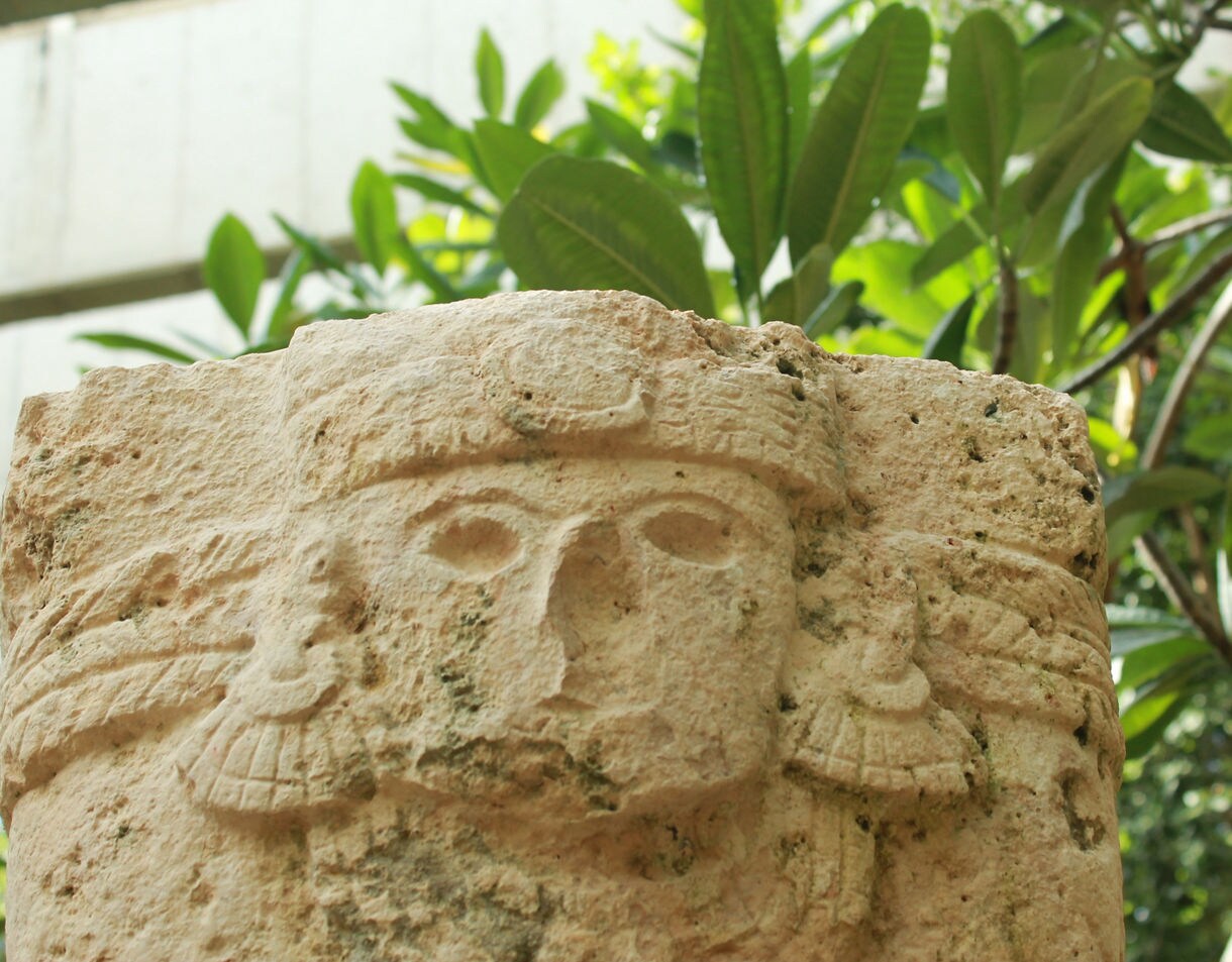 Close-up of a weathered Mayan stone carving depicting a human face with headdress and ornaments, surrounded by lush green leaves.