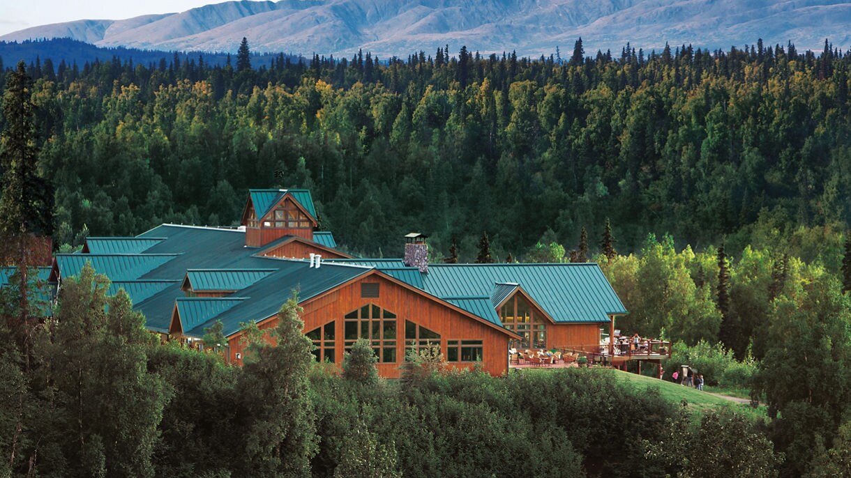 Mountain and National Park visible behind Mt McKinley Lodge in Alaska