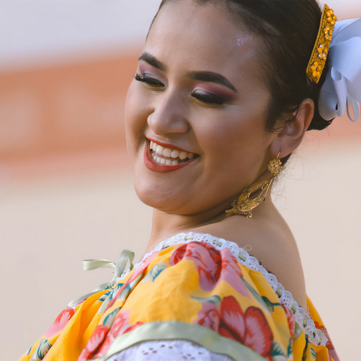 Mexico folkloric dancer woman close up.