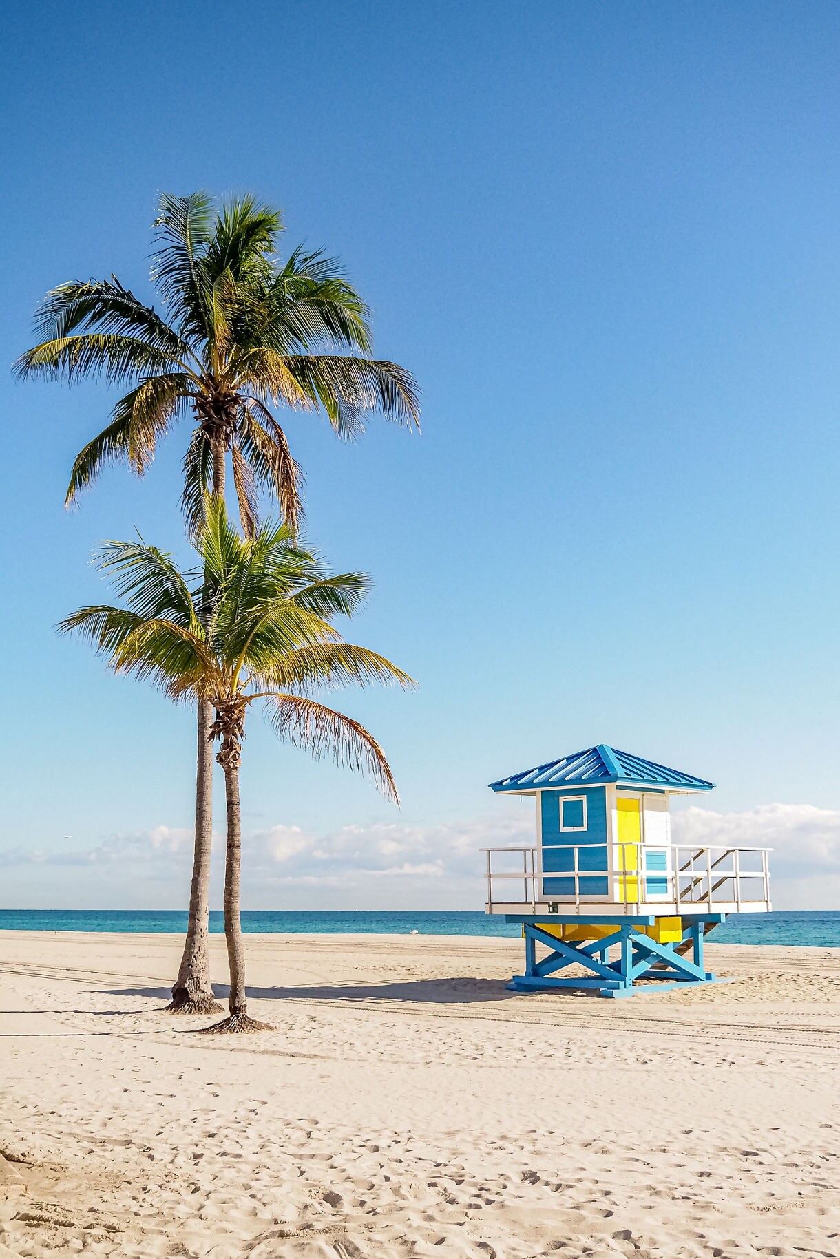 A brightly painted blue and yellow lifeguard tower stands on a wide sandy beach next to two tall palm trees, facing the calm turquoise ocean under a clear blue sky.