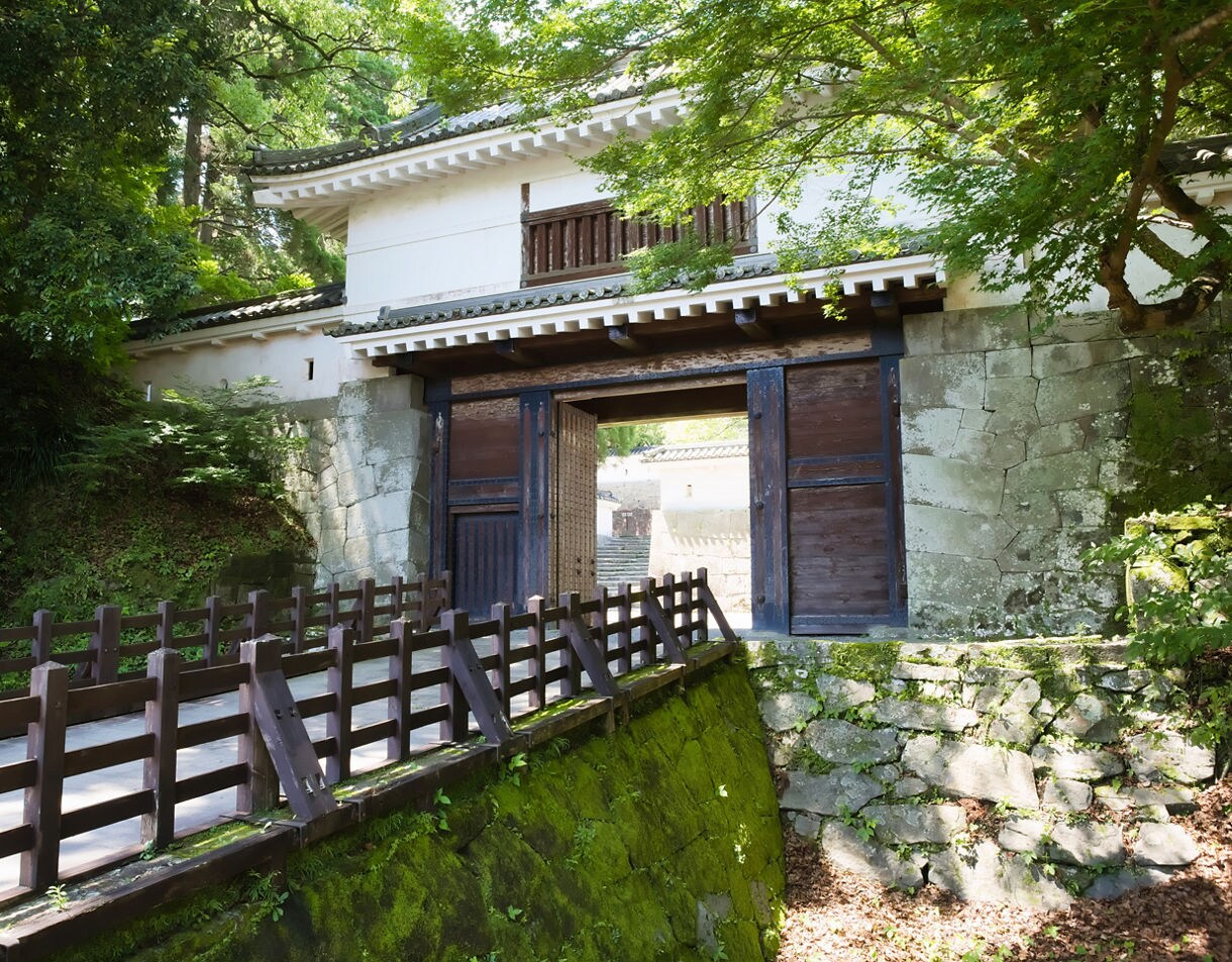 Historic wooden gate at Obi Castle with moss-covered stone walls and a fenced walkway under dense forest foliage.