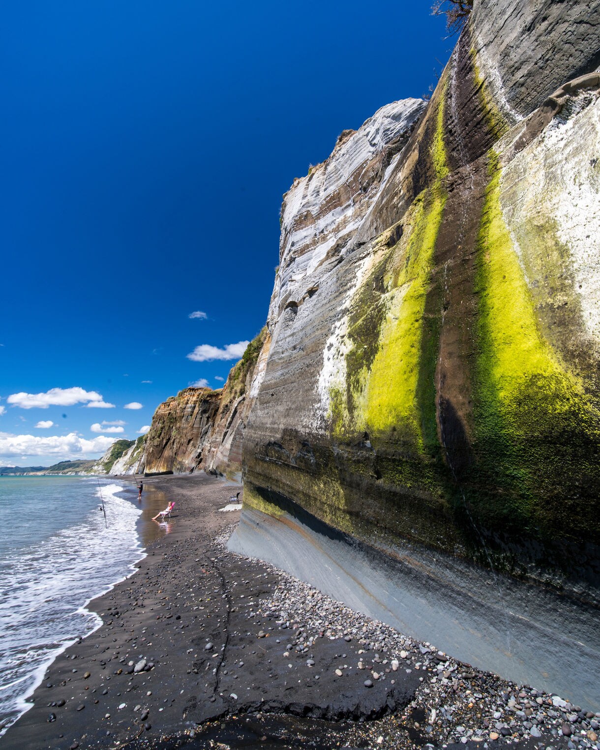 Tall coastal cliffs streaked with vivid green moss beside a black-sand beach and gentle ocean waves, under a bright blue sky.